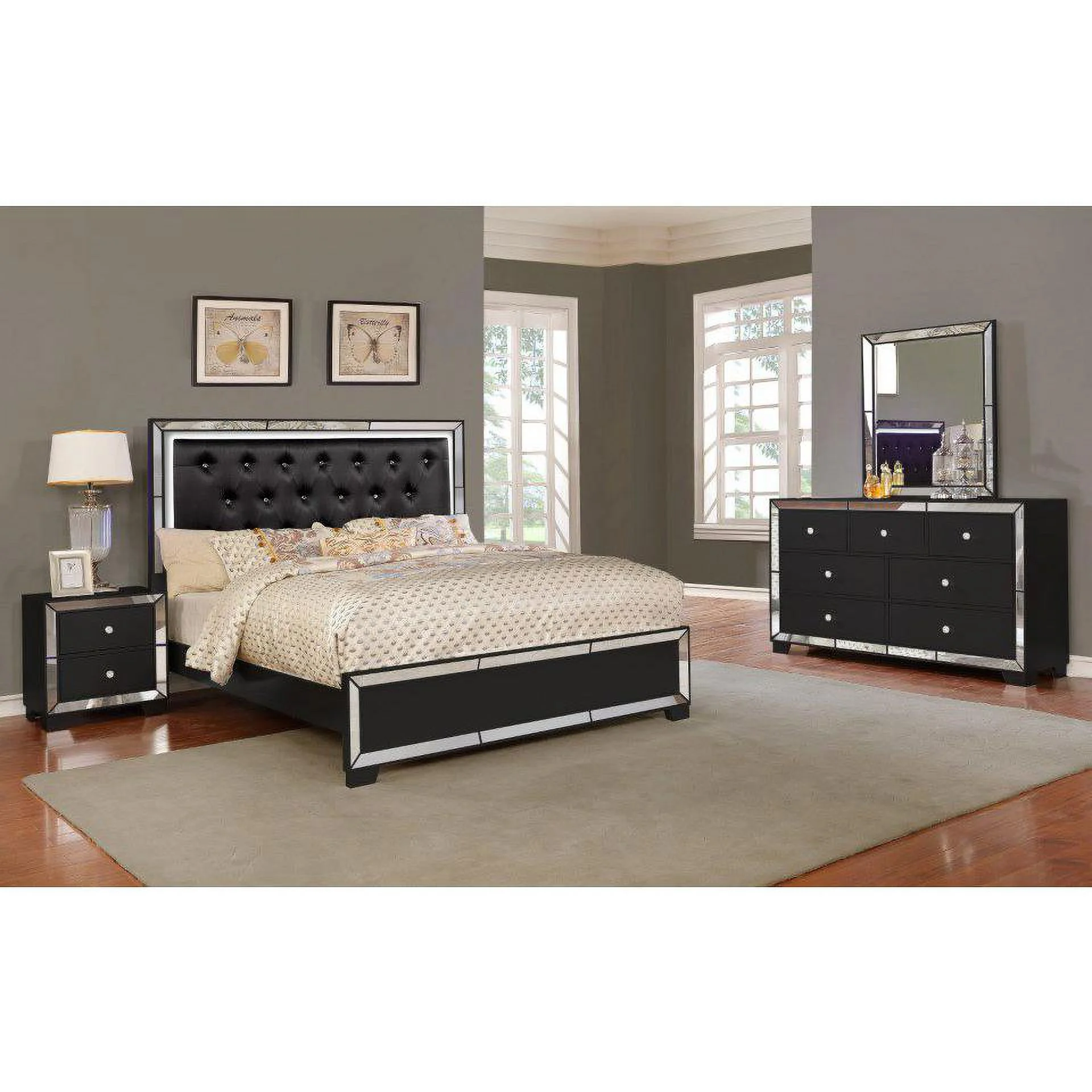 Reve & Belle Crystal Tufted with LED lightning 4pc Queen Bedroom Set
