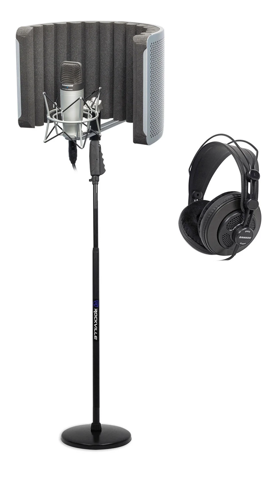 Recording Kit w/ Samson C01 Studio Microphone+Vocal Booth+Shock Mount+Headphones+Rockville RVMIC4 Round-Base Microphone Stand With Quick Release Hand Clutch