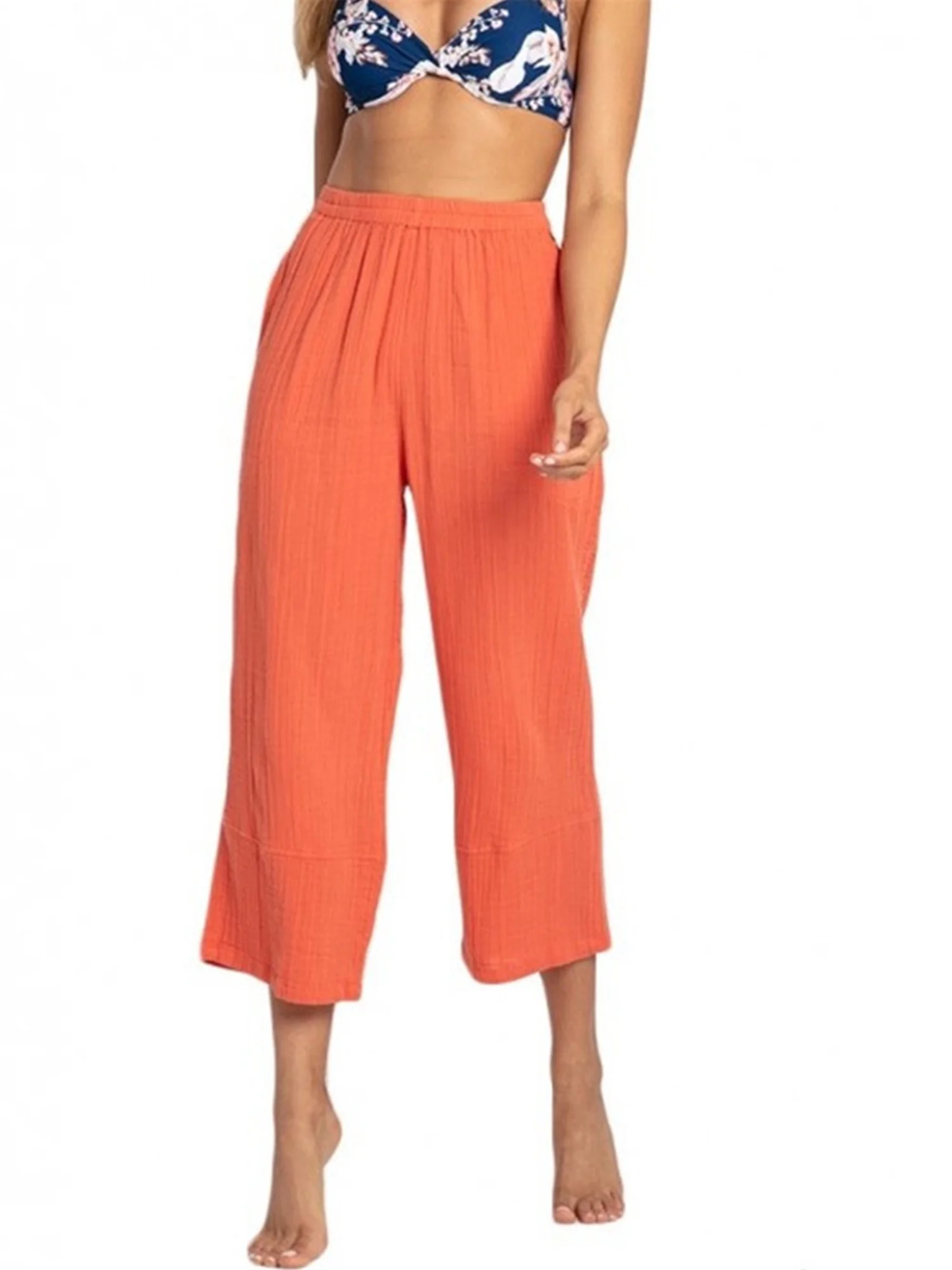 Paille Womens Casual Loose Elastic Waist Cotton Linen Capris Cropped Wide Leg Pants