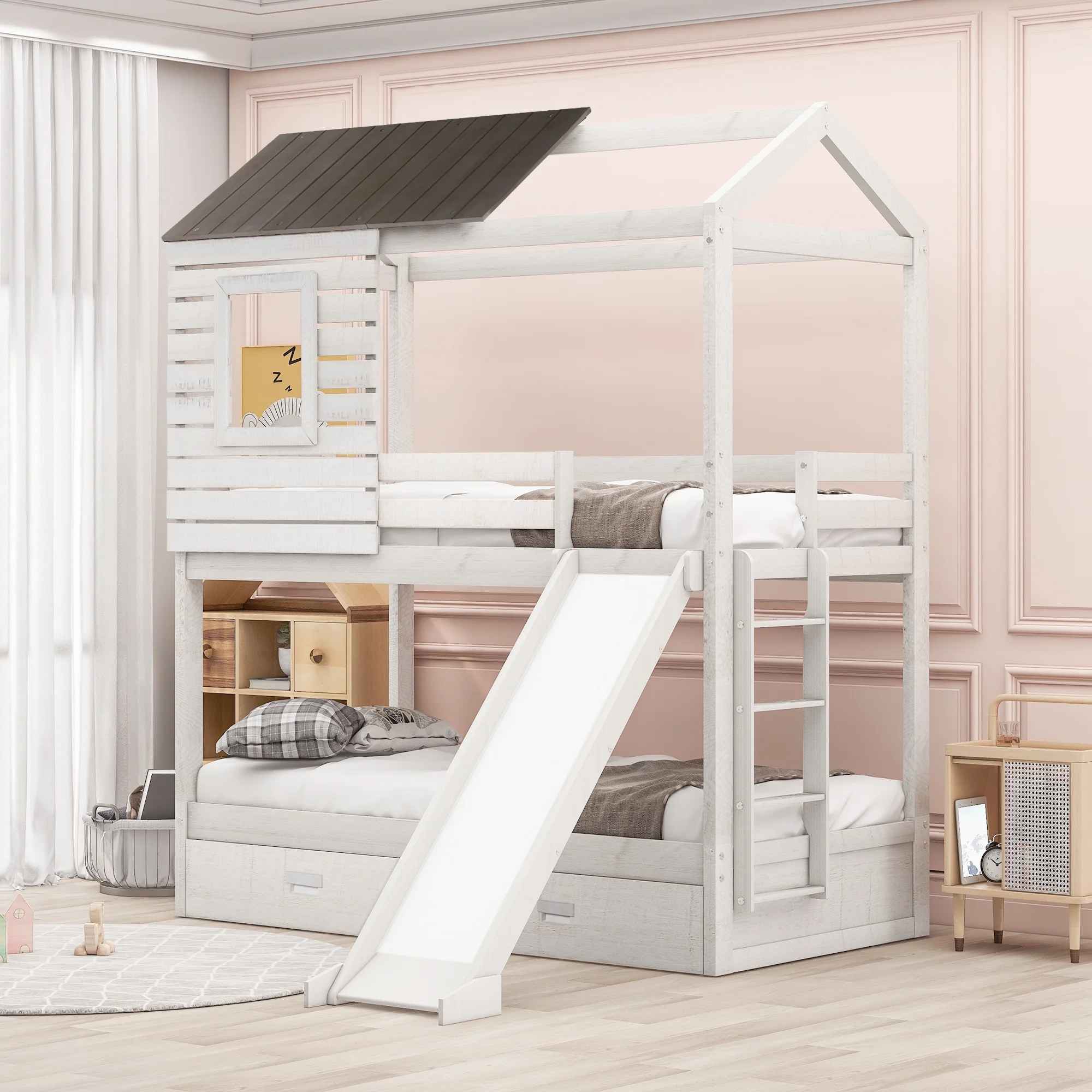 CoSoTower Twin Over Twin Bunk Bed With Two Storage Drawers And Slide, House-Shaped Wood Bunk Bed, Antique White