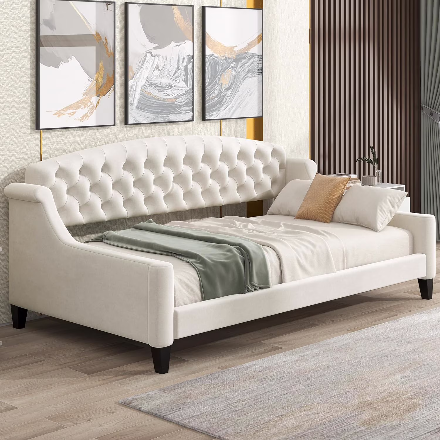 Size Luxury ufed Buo  Upholsered Daybed Frame, Sofa Bed For Bedroom Livig Room, Beige