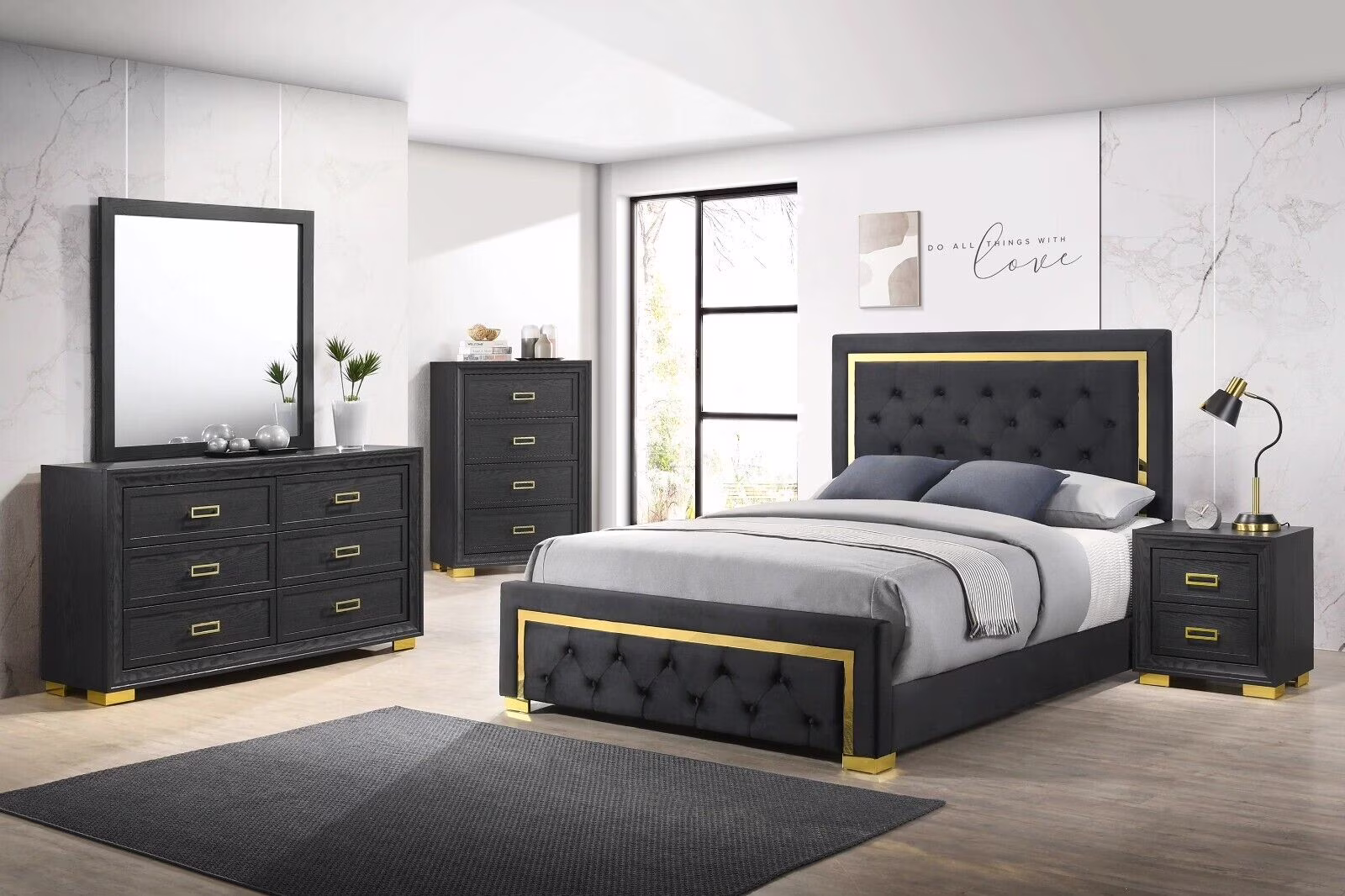 Modern Glam 5pc Bedroom Set Queen Size Panel Bed Furniture Gold Black Finish