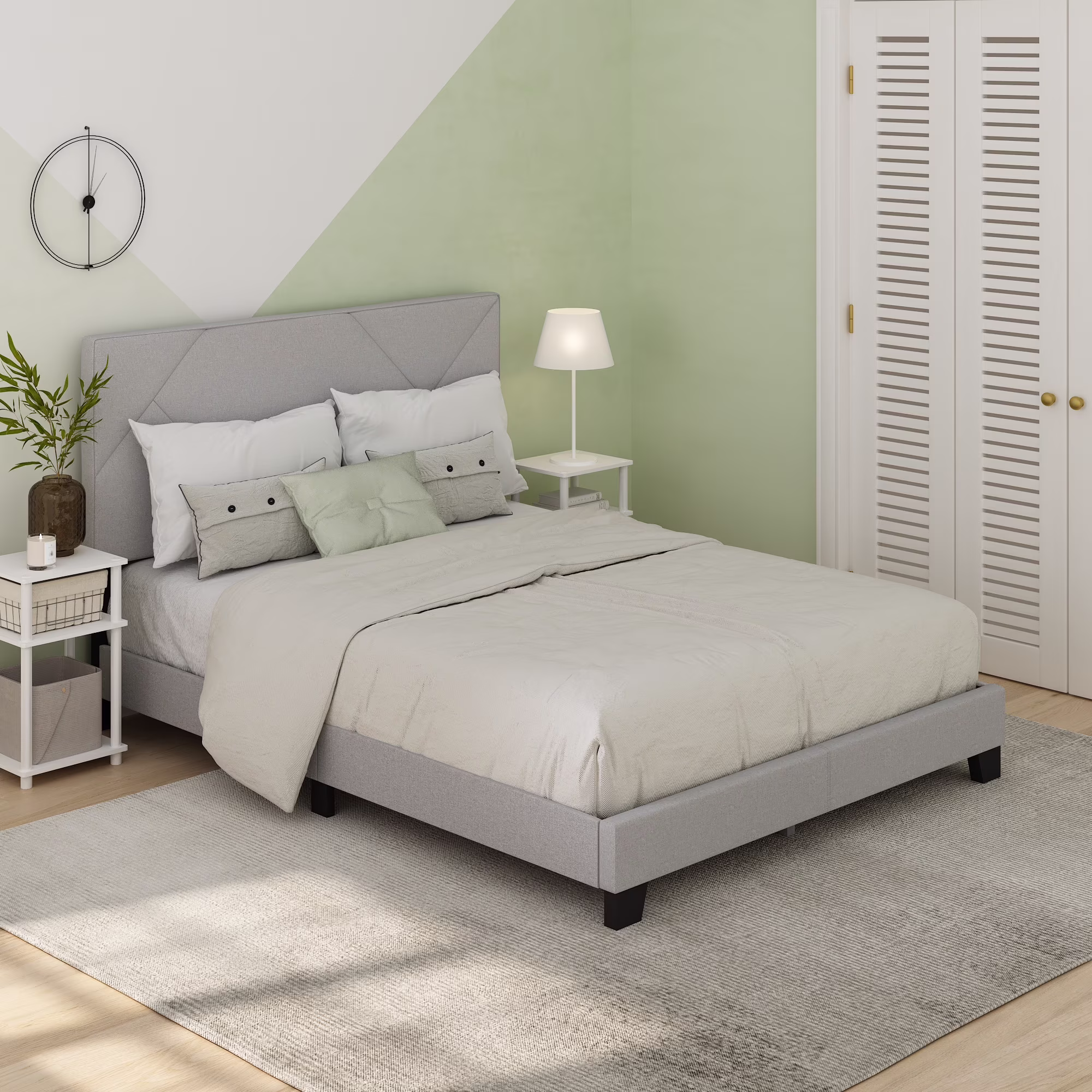 Furinno Skylar Geometric Design Headboard Bedframe, 12PC Slat Style, Glacier, Queen