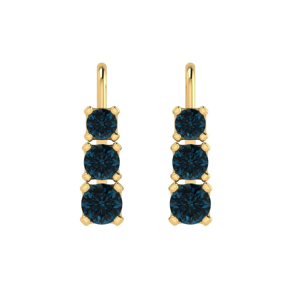 1.06ct Brilliant Round Cut Drop Dangle Natural London Blue Topaz 18K Yellow Gold Earrings Lever Back