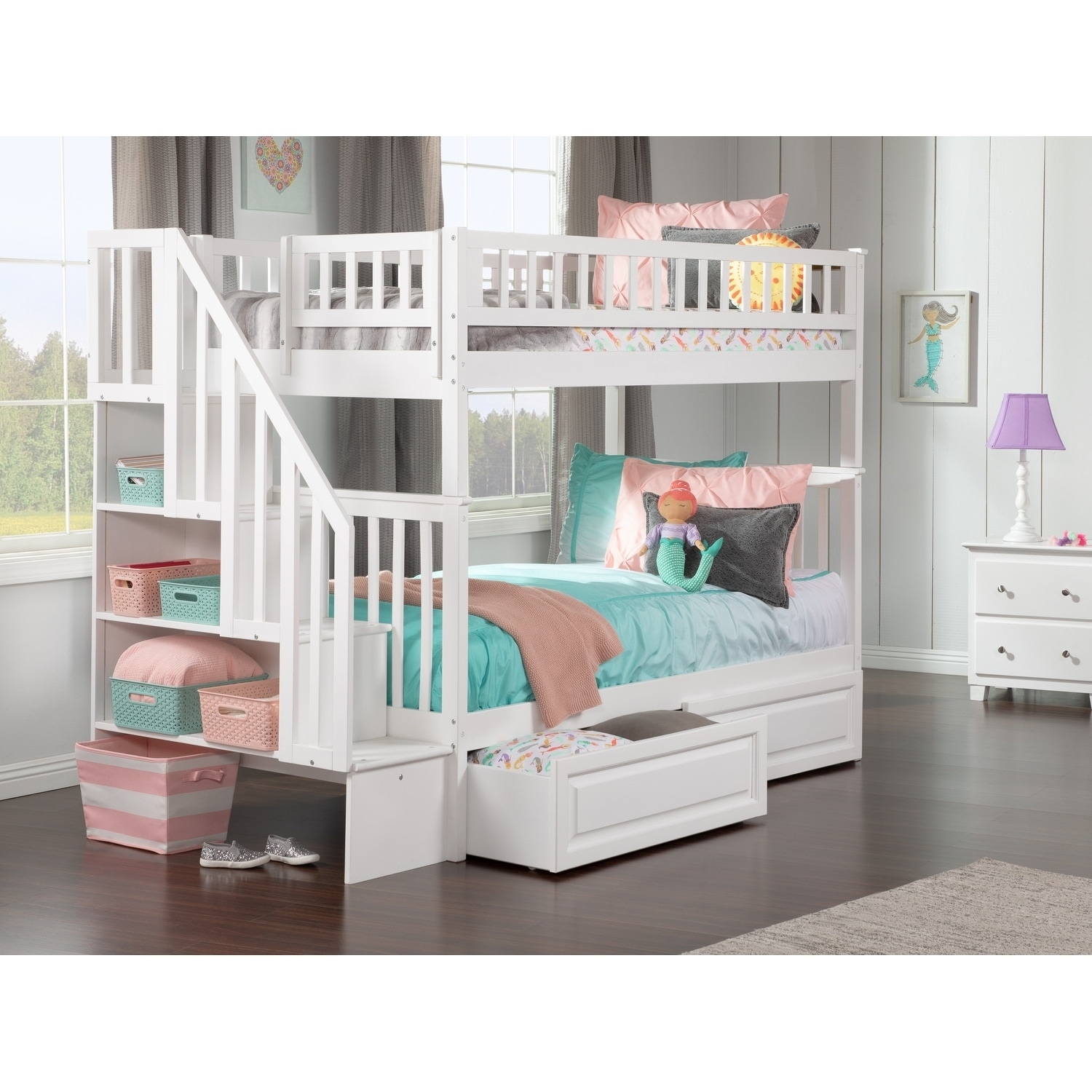 AFI Woodland Staircase Bunk Bed Twin over Twin with 2 Drawers in White