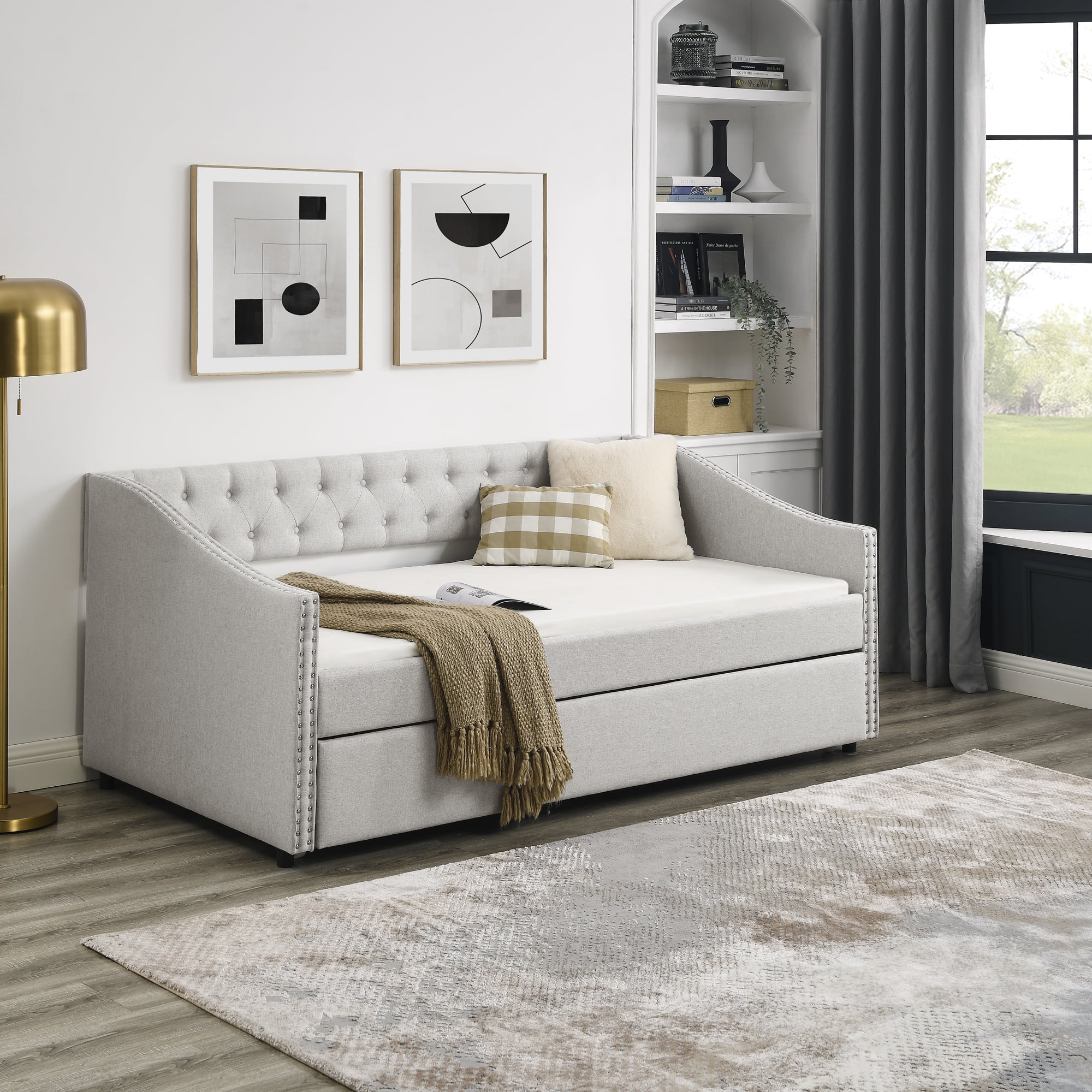 CoSoTower Twin Size Daybed with Twin Size Trundle Upholstered Tufted Sofa Bed, with Button on Back and Copper Nail on Waved Shape Arms, Beige, 80.5