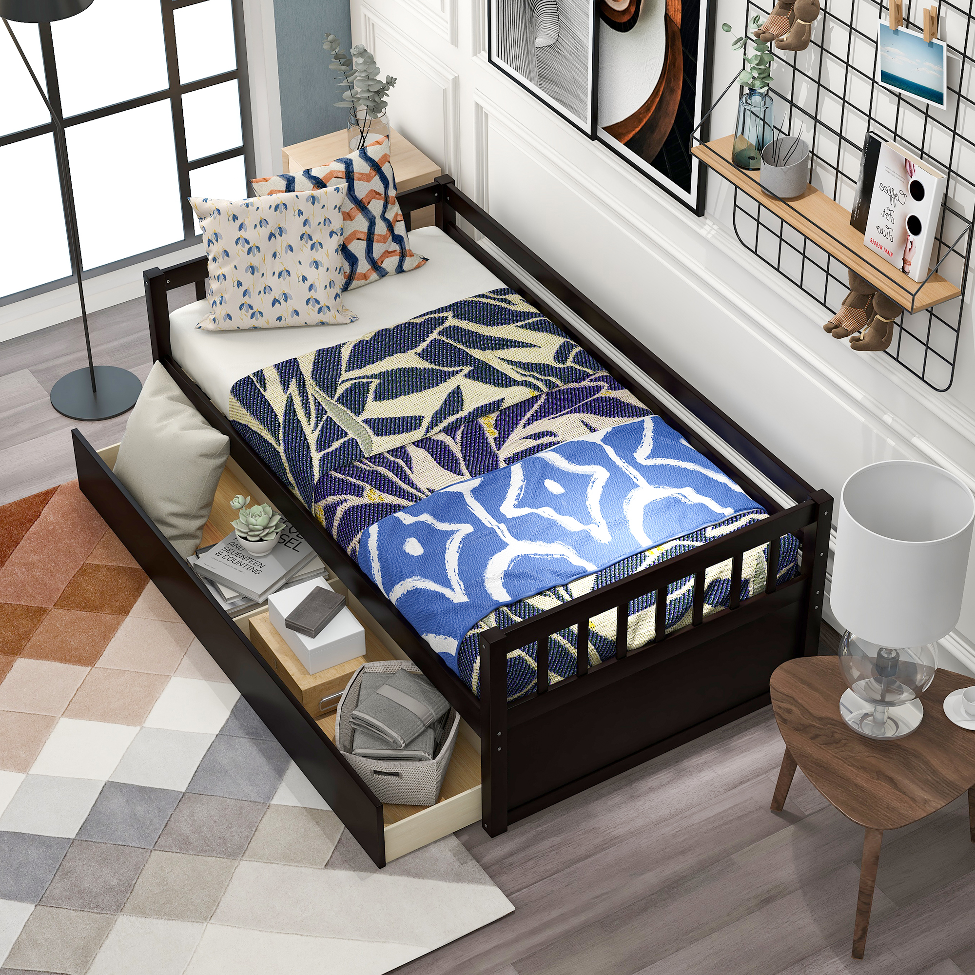 Euroco Twin Size Wooden Daybed with Large Storage Drawers, Espresso