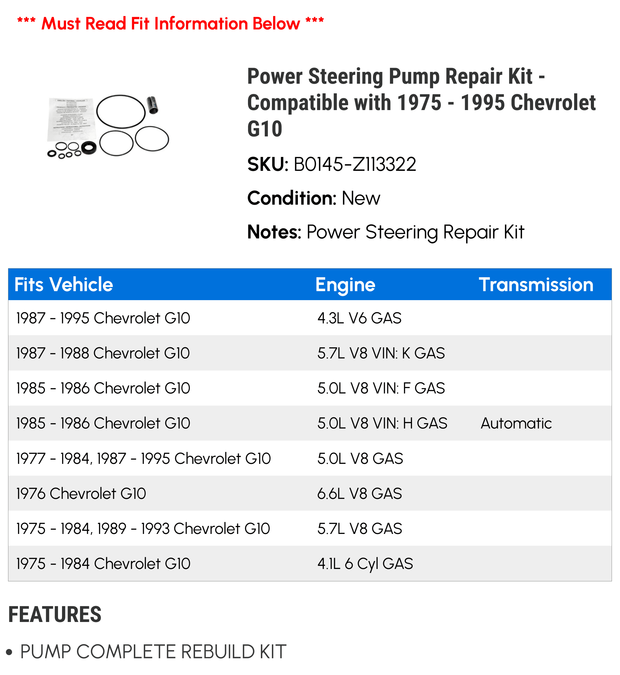 Power Steering Pump Repair Kit - Compatible with 1975 - 1995 Chevy G10 1976 1977 1978 1979 1980 1981 1982 1983 1984 1985 1986 1987 1988 1989 1990 1991 1992 1993 1994