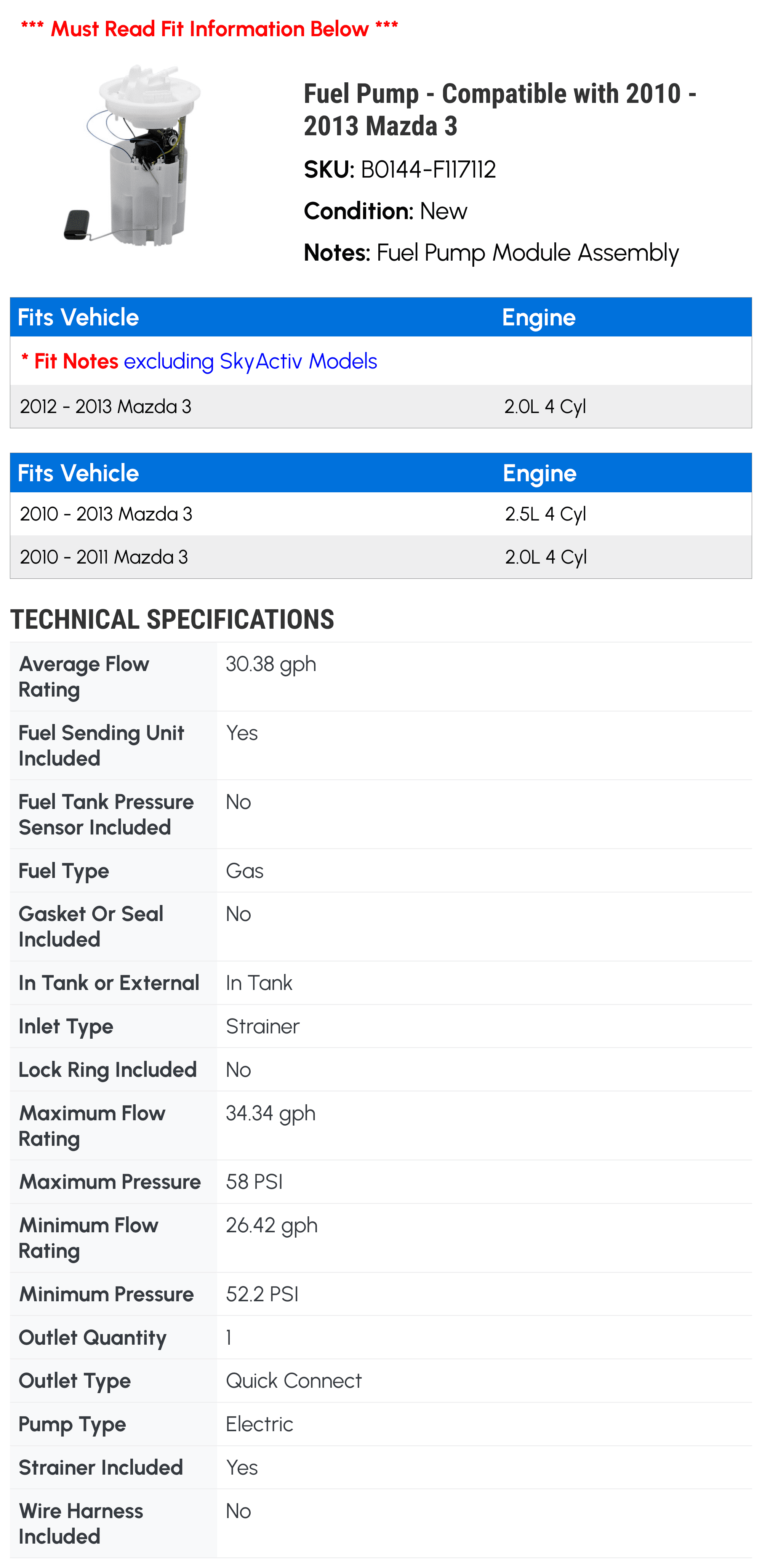 Fuel Pump - Compatible with 2010 - 2013 Mazda 3 2011 2012
