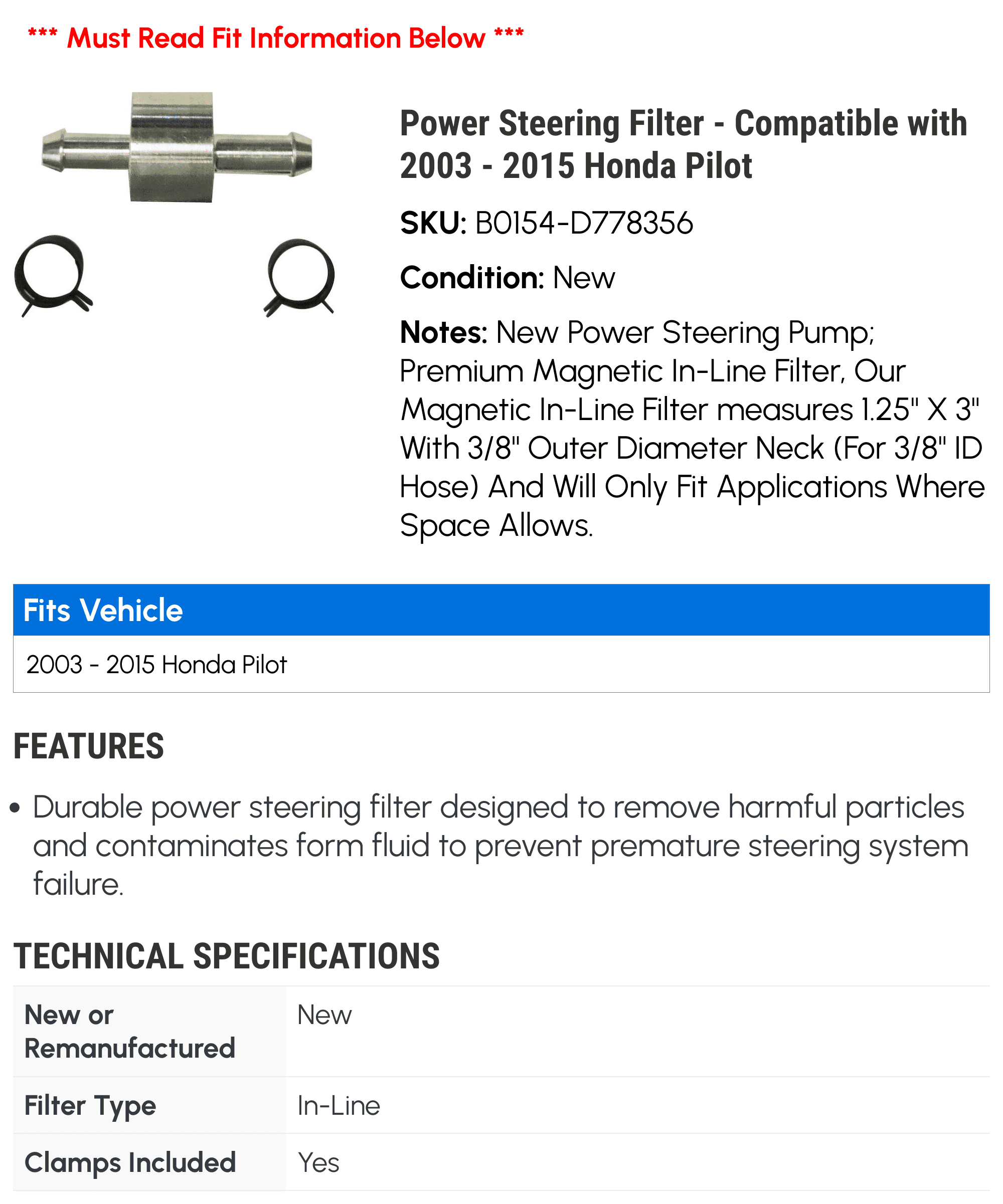 Power Steering Filter - Compatible with 2003 - 2015 Honda Pilot 2004 2005 2006 2007 2008 2009 2010 2011 2012 2013 2014