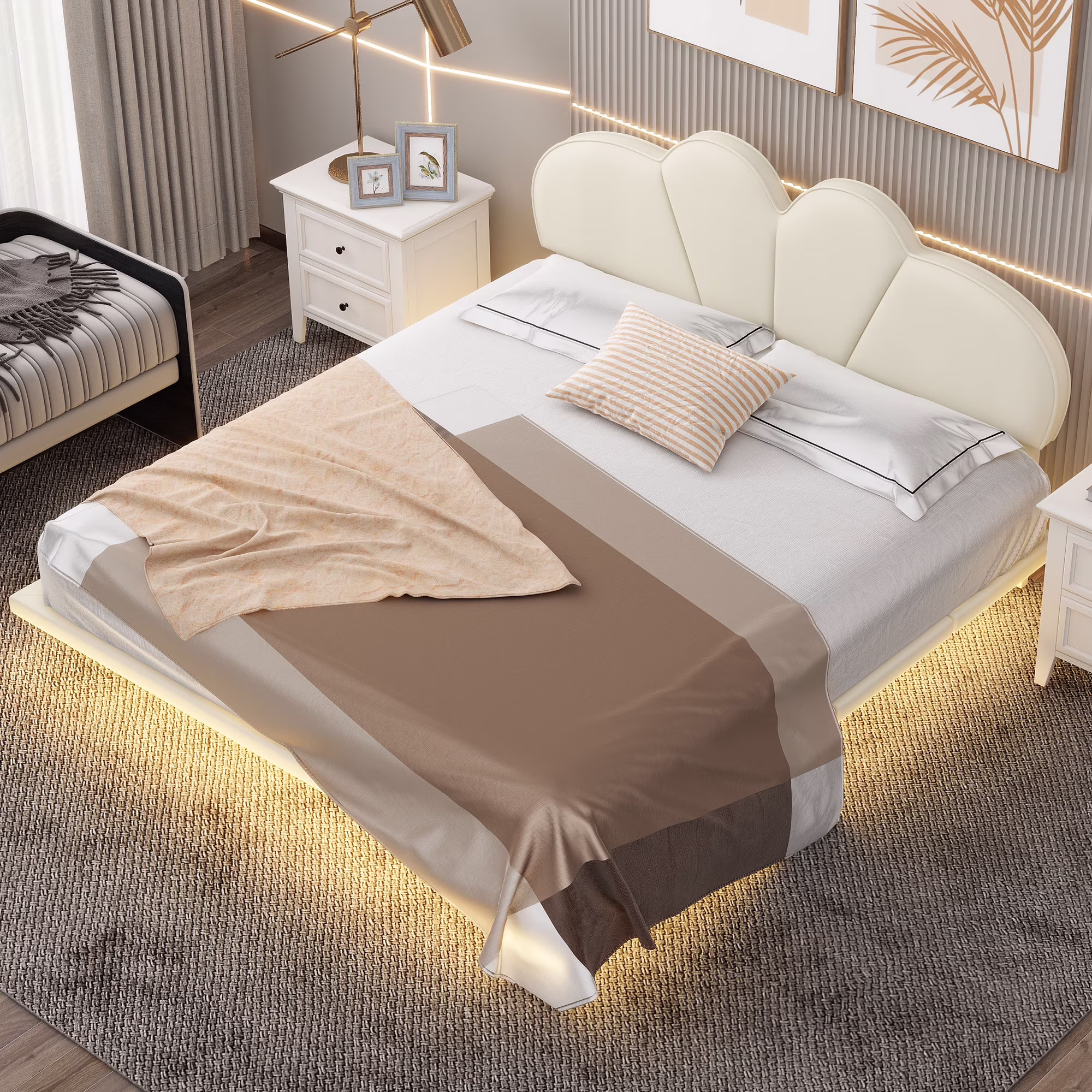 Queen Size Canopy Bed Frame - Upholstery Platform Bed with PU Leather Headboard, Support Legs,and LED Light-Beige