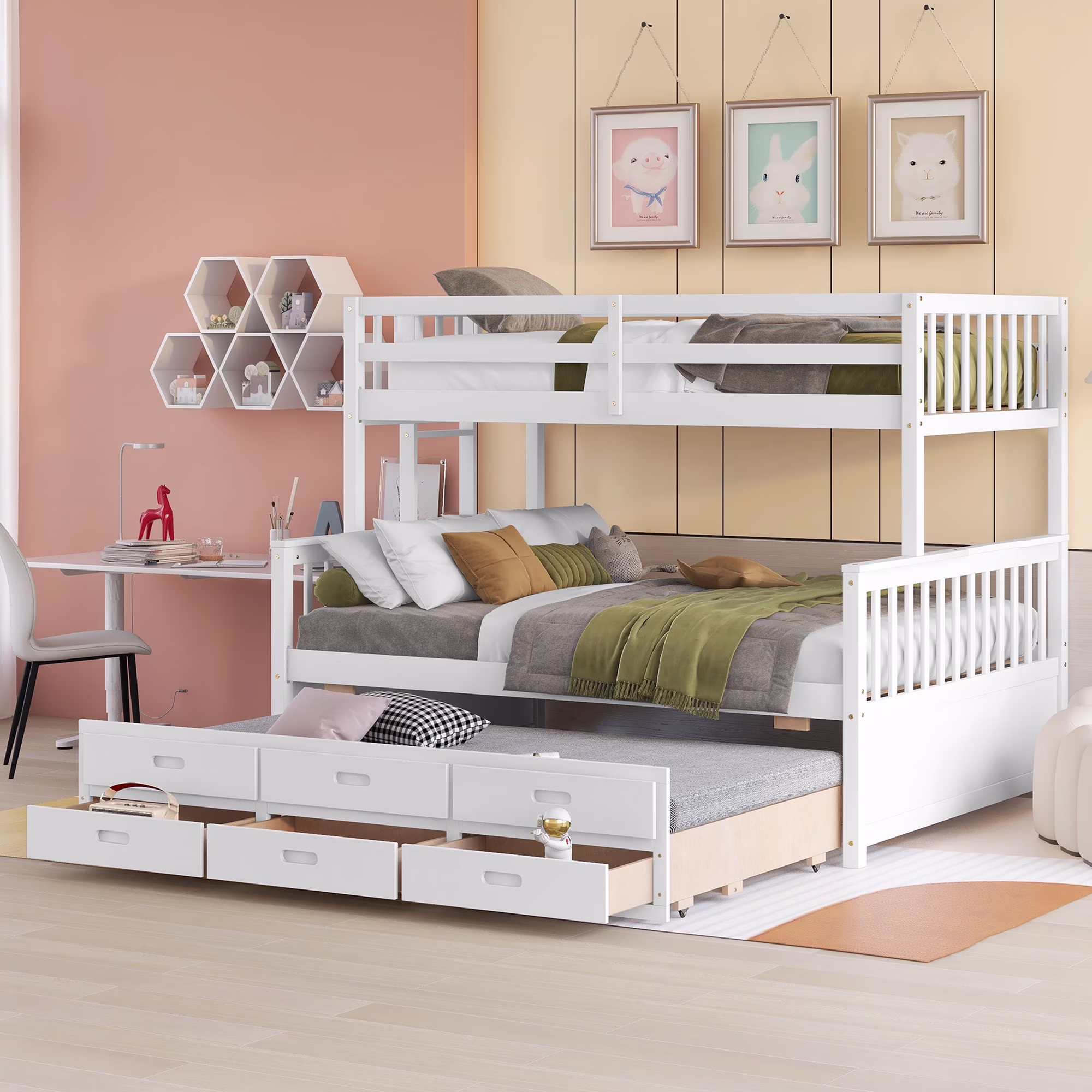 Churanty Twin Over Full Bunk Bed with Trundle and Drawers, Wood Separable Bunk Bed for Kid,White