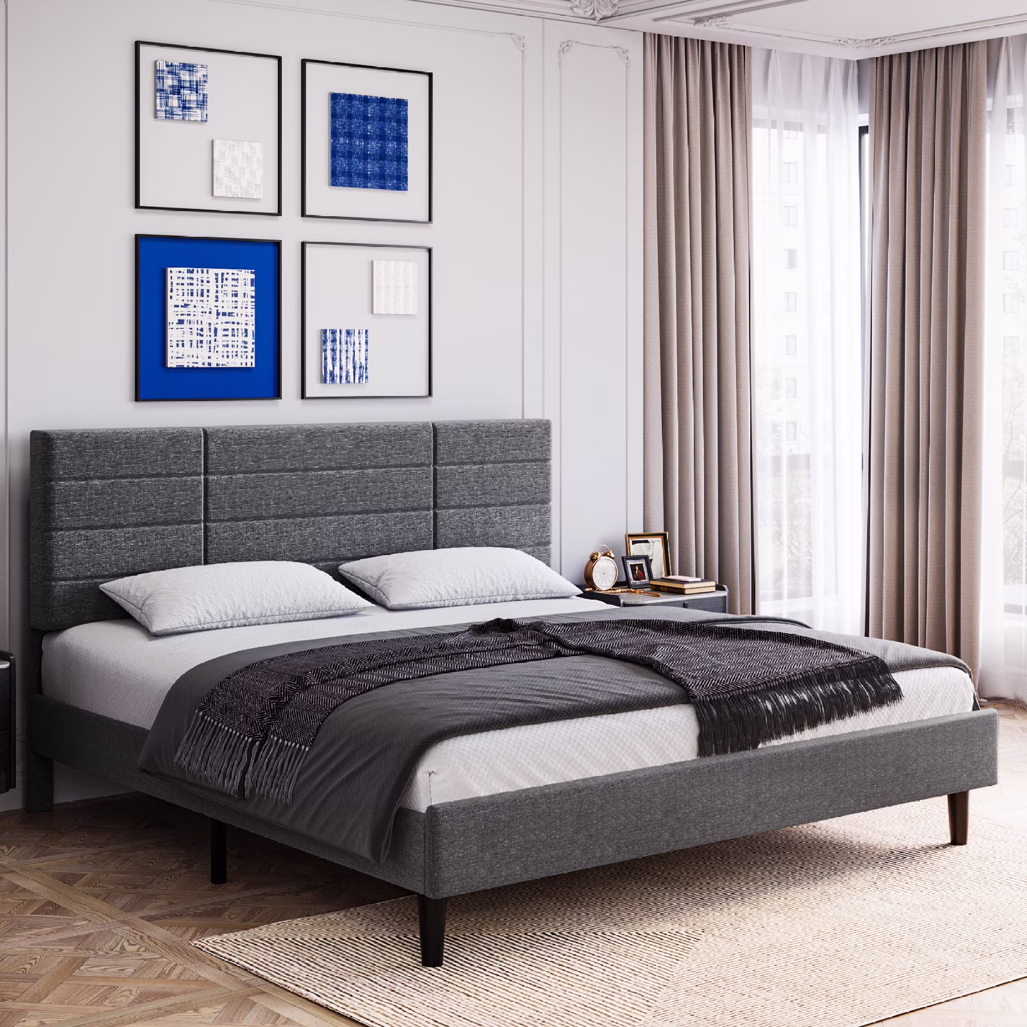 Dark Grey King Size Bed Frame with Upholstered Headboard, Strong Frame, Wooden Slats, Non-Slip, Noise-Free, No Box Spring Needed