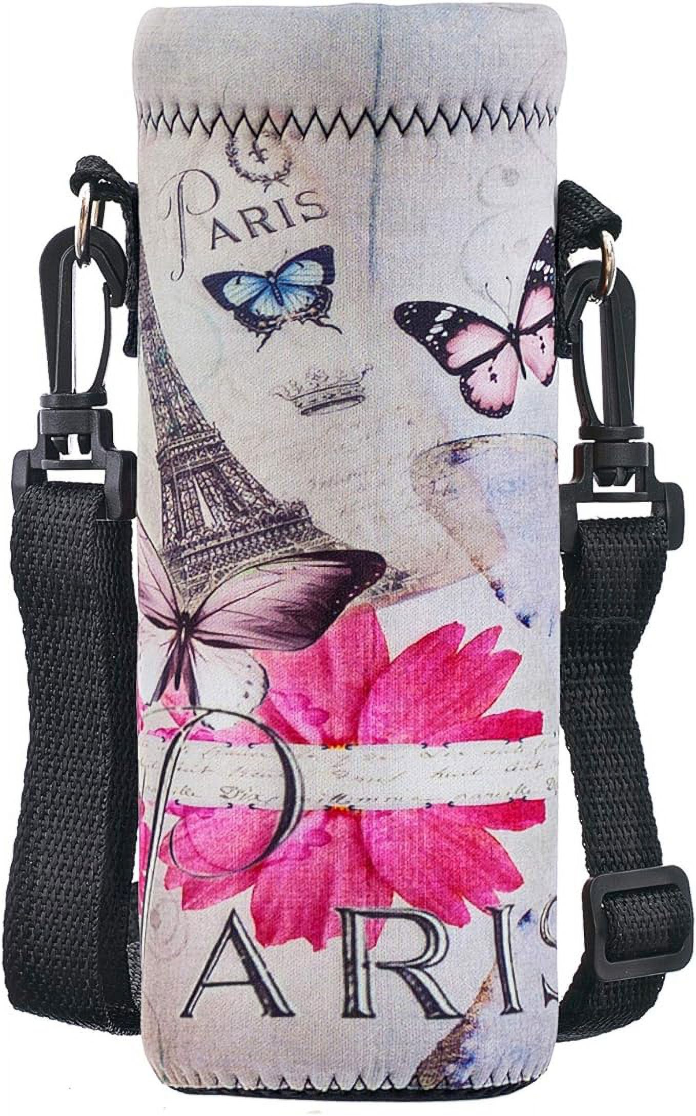 WINTOJO Water-Bottle Case bag Cooler Carrier -16.9oz 24oz 32oz Water Bottle Sleeve Strap Sling Holder for School Walking Hiking Running (Eiffel Tower, 750ML)