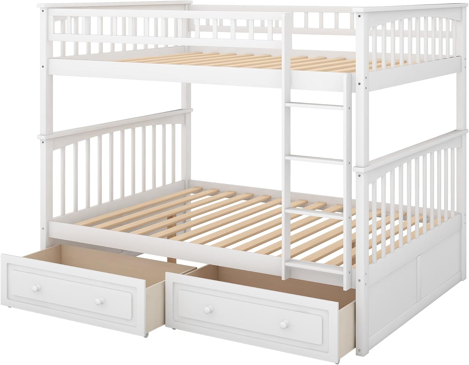 Full Over Full Buk Bed With Drawers, Woode Buk Bed Frame, White