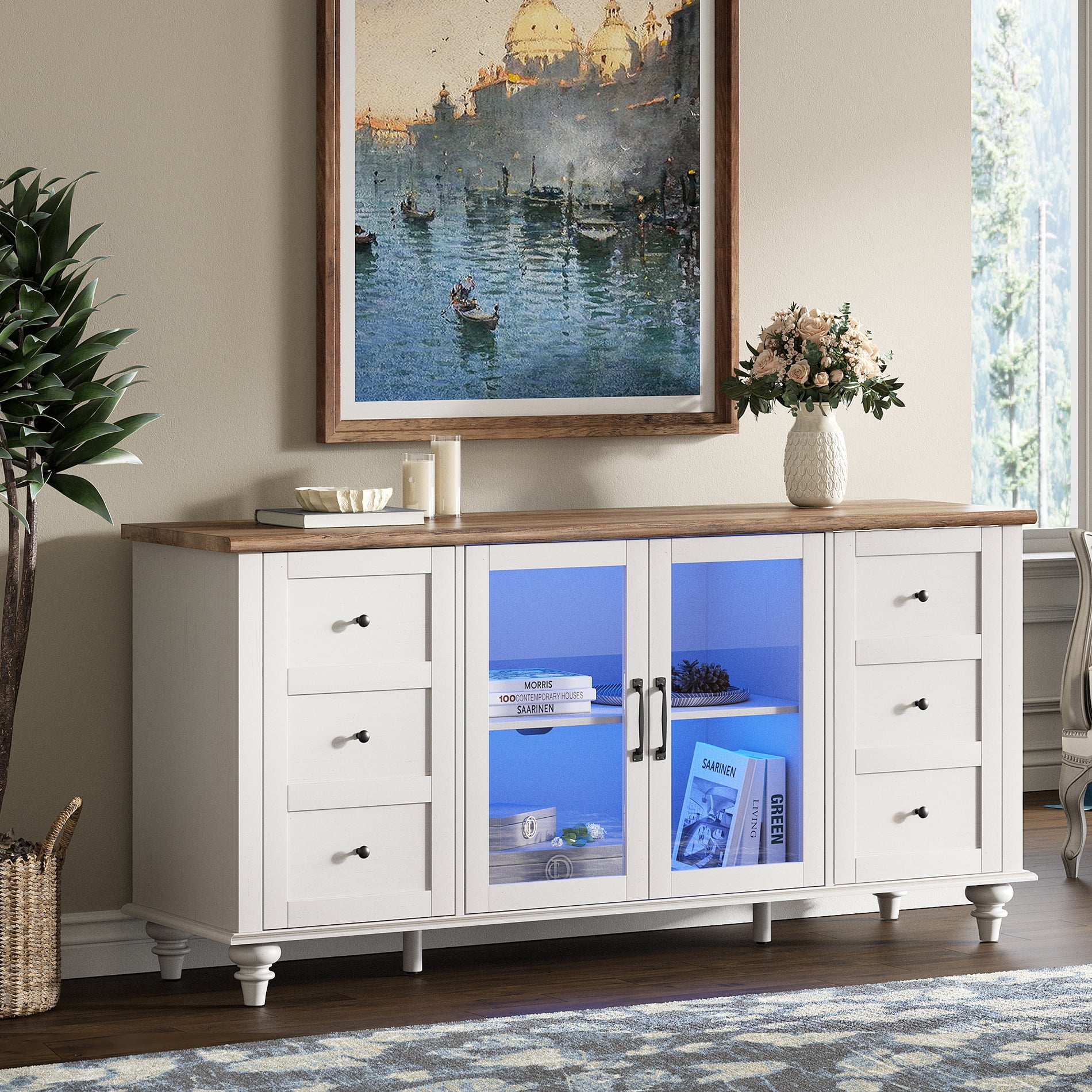 WAMPAT Farmhouse TV Stand for TVs Up to 110 inch, Glass and Wood Universal TV Stand,White Entertainment Center for 32-75 inch TV Console Table，White&Oak