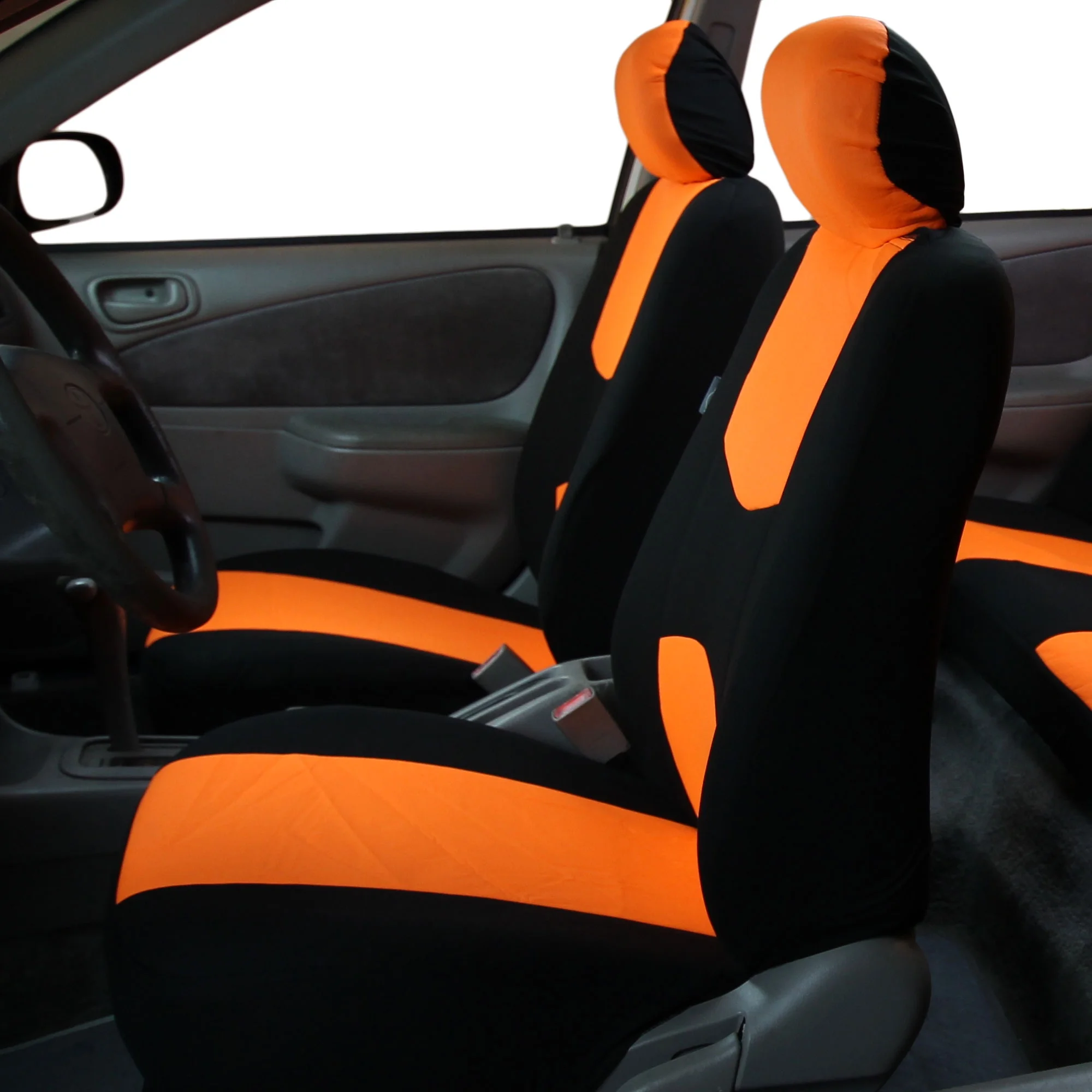 FH Group Flat Cloth Seat Covers for Auto, Full Set with Leather Steering Wheel Cover, Orange Black