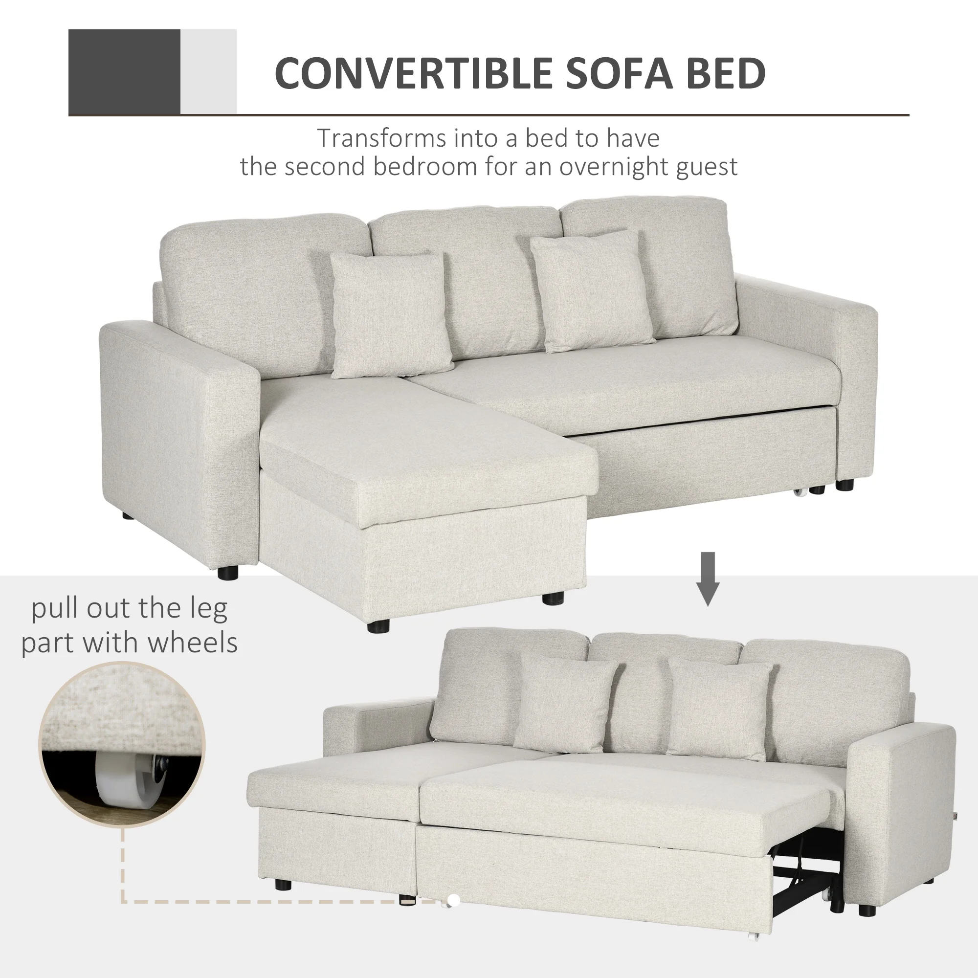 HOMCOM Sectional Sleeper Sofa with Pull out Bed Cream White