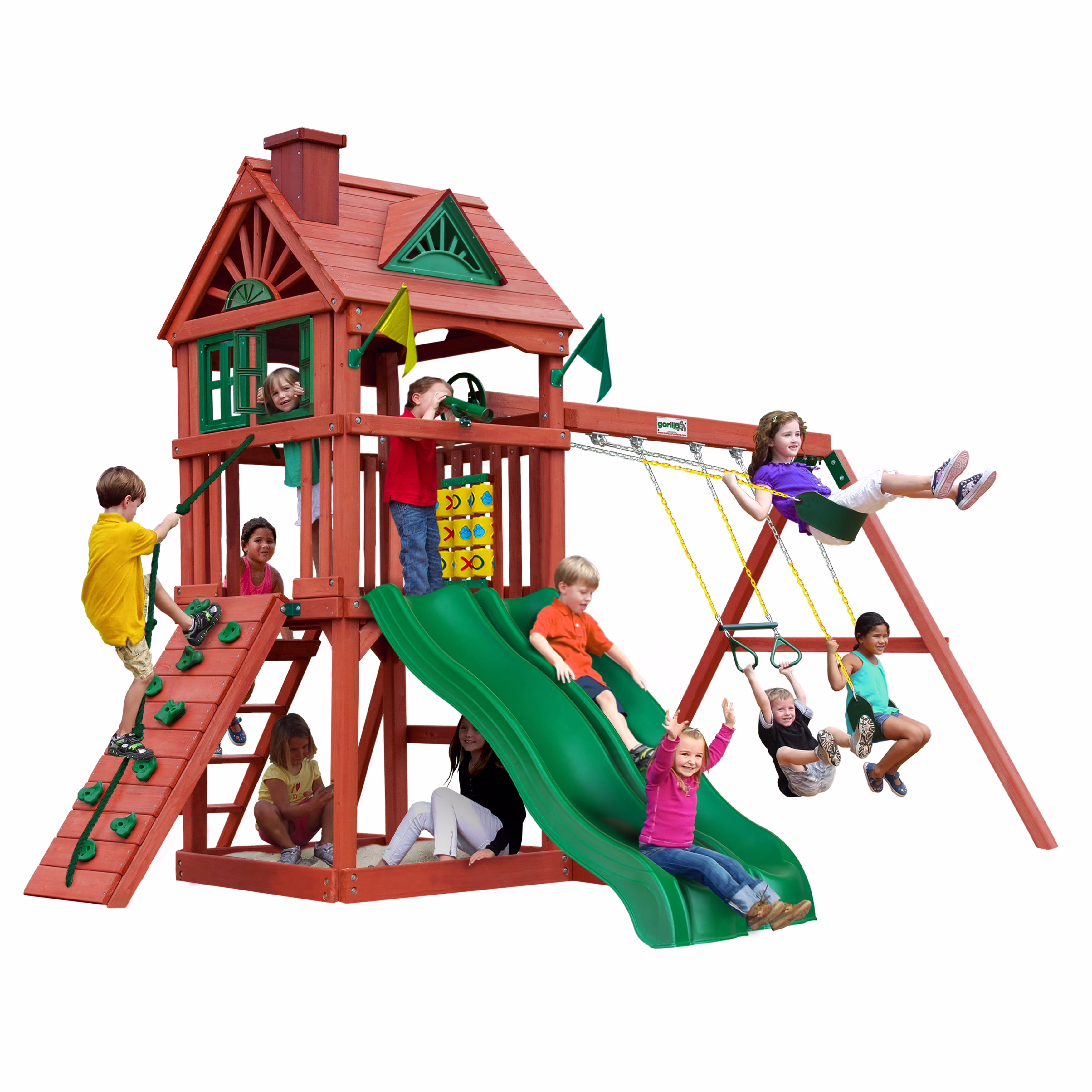Gorilla Playsets Double Down II Wooden Swing Set with 2 Slides, Built-in Sandbox Area, and Accessories