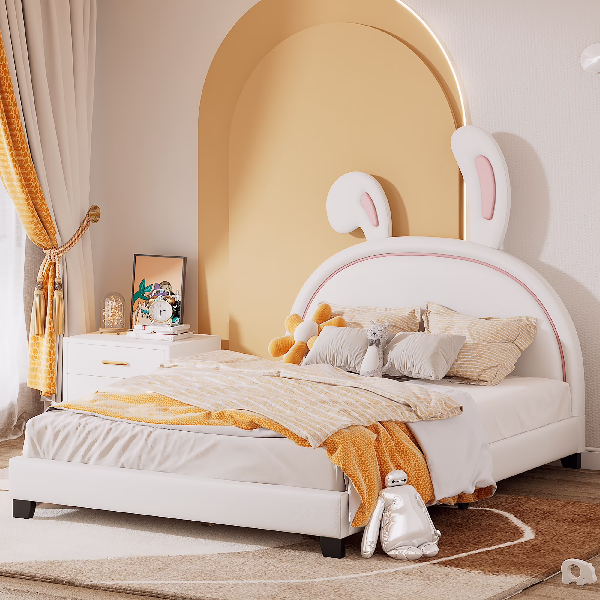 iRerts Full Bed Frame, Cute Full Size Upholstered Leather Platform Bed Frame with Rabbit Headboard, Full Platform Bed Frame for Kids Teens, Platform Bed Full for Bedroom, No Box Spring Needed, White