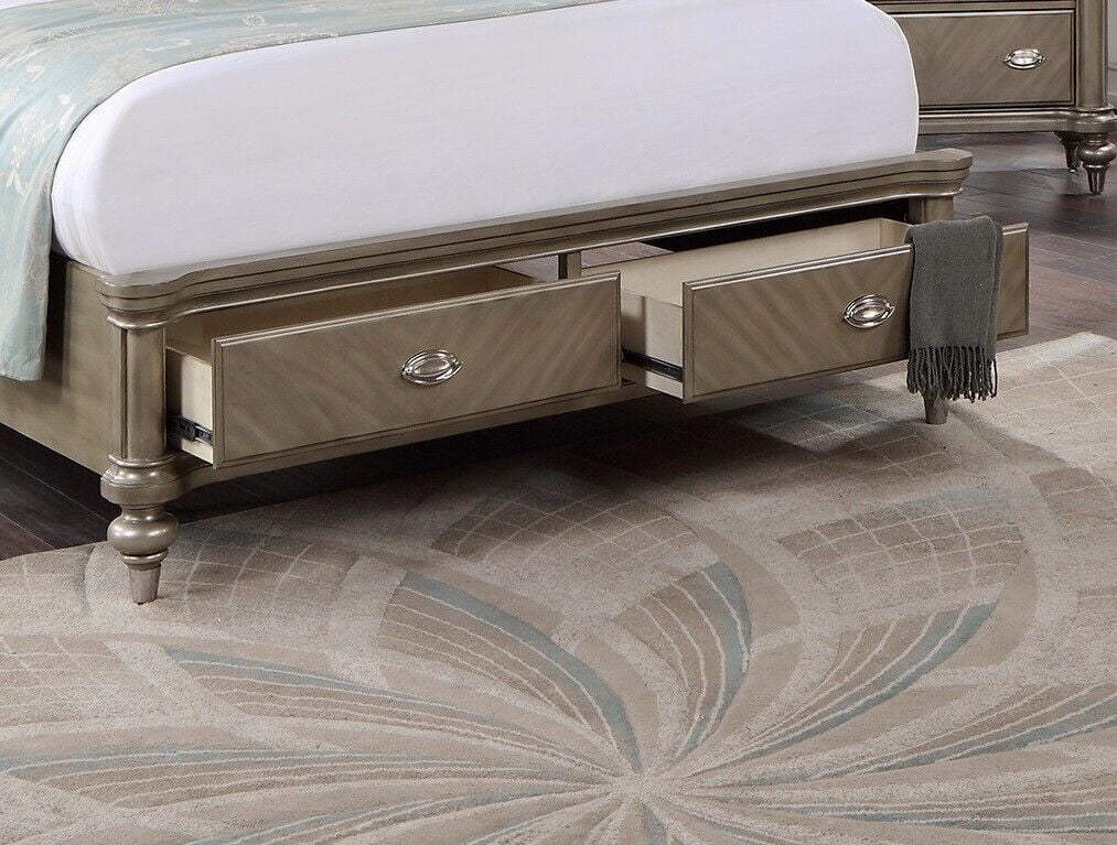 California King Size Bed w/2 Underbed Drawers 1pc Set Bedroom Furniture Luxury Classic Grey Finish Wooden Bedframe