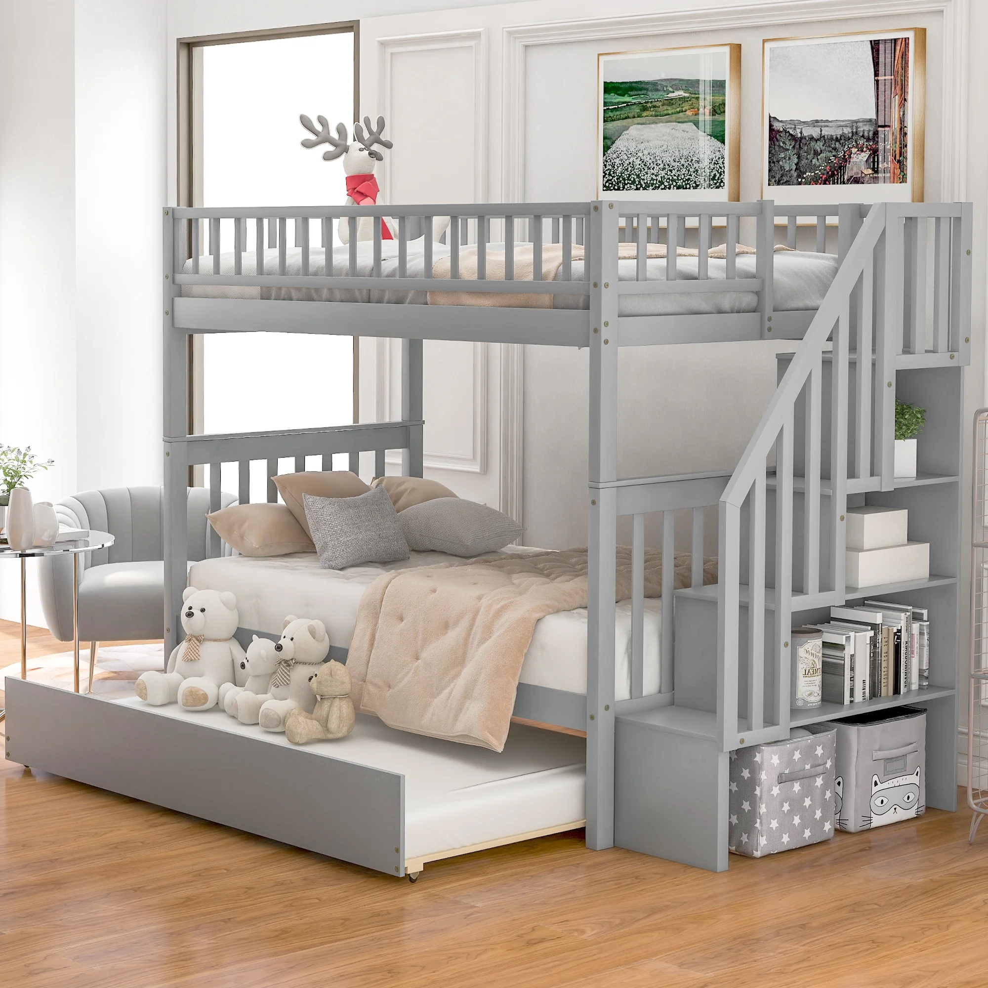 Stairway Bunk Beds Twin Over Twin with 4 Storage Shelves in The Steps and a Twin Trundle Teens Bedroom, Guest Room Furniture