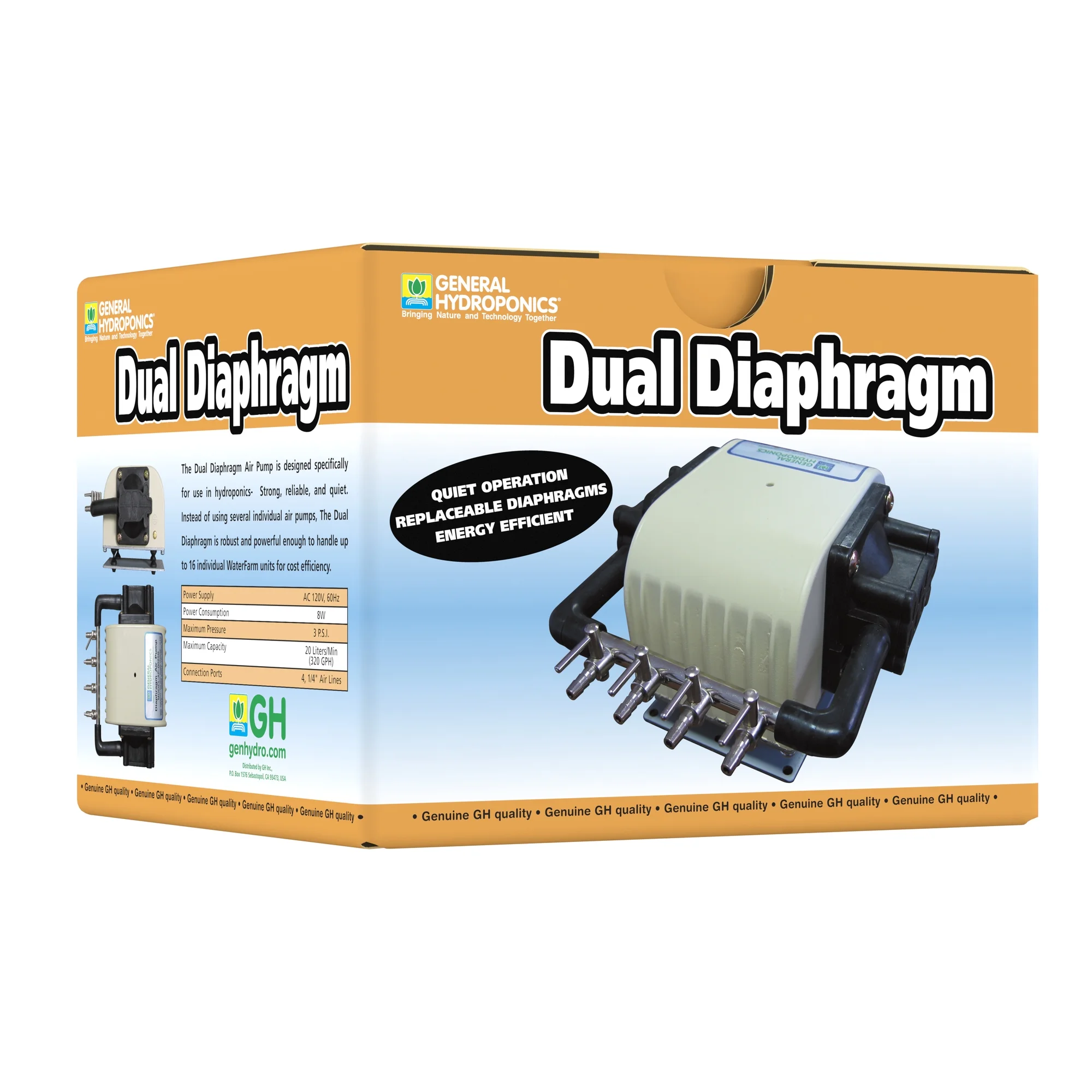 General Hydroponics Dual Diaphragm Air Pump 320 GPH 4 Outlet