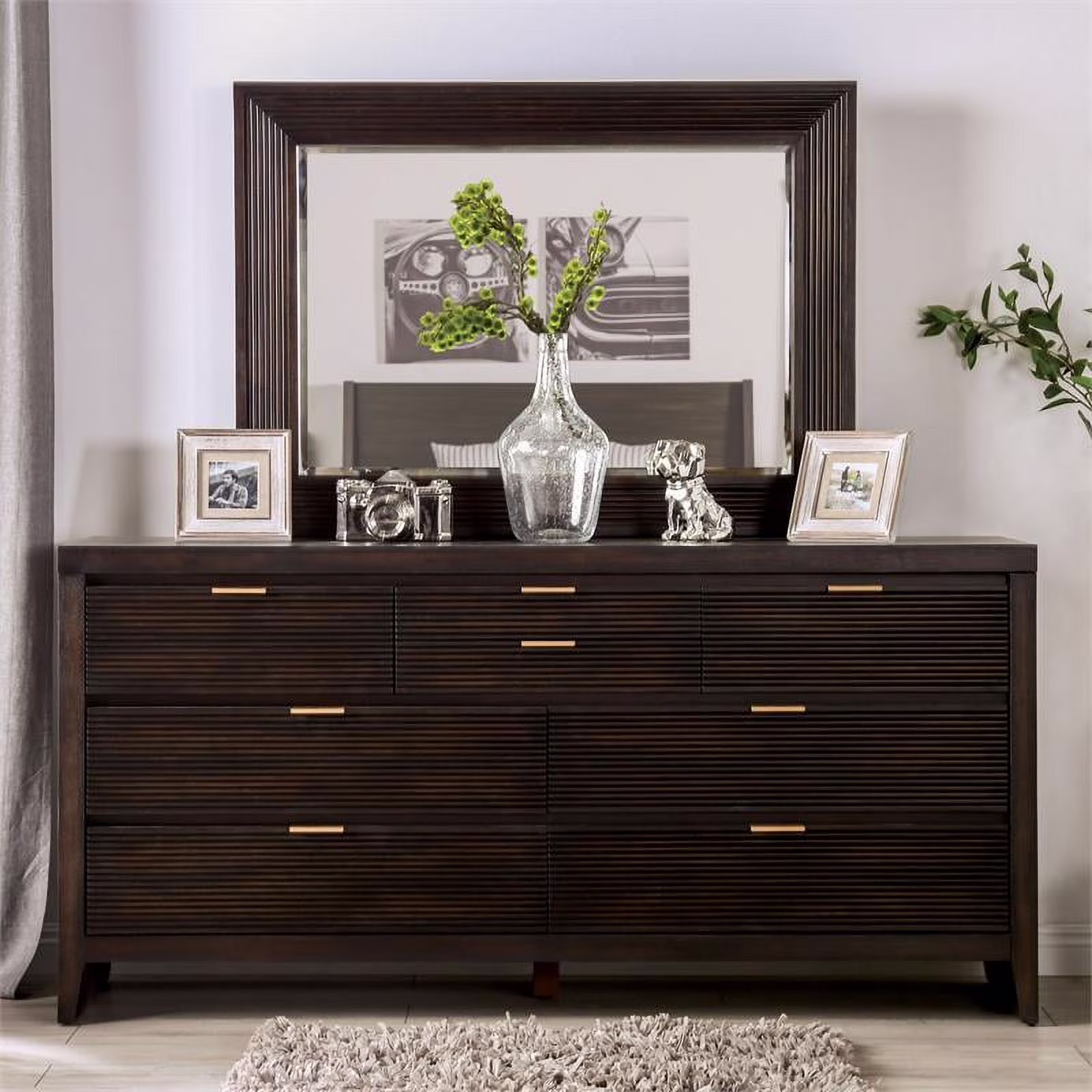 Furniture of America Tezra Wood 2-Piece Dresser and Mirror Set in Dark Walnut