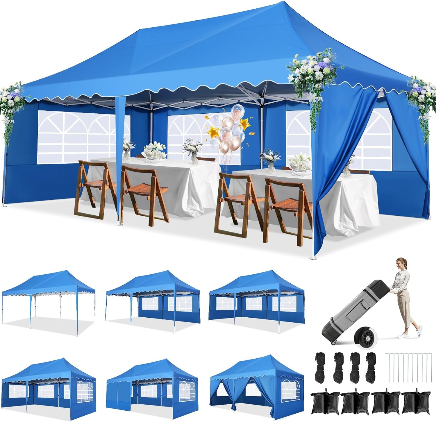 Pop Up Canopy Party Tent, Easy Up 10x20 Canopy with Sidewalls & Church Windows, Waterproof Outdoor Canopy Tent with 4 Sandbags for Backyard, Parties, Wedding, Event, Blue
