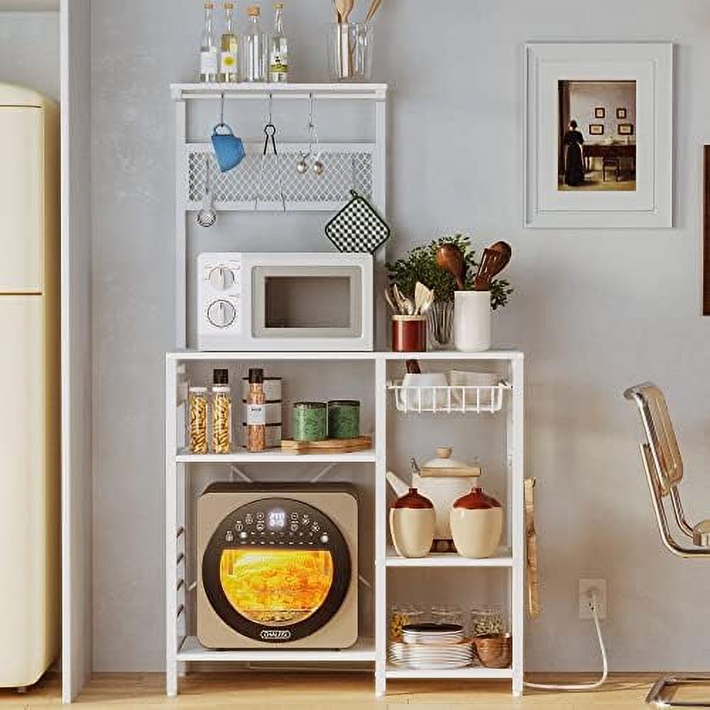 SPBOOMlife Bakers Rack  Microwave Stand with Power Outlet  Industrial Coffee  with Wire Drawer for Kitchen  Living Room Easy Assembly and Save Space Industrial White