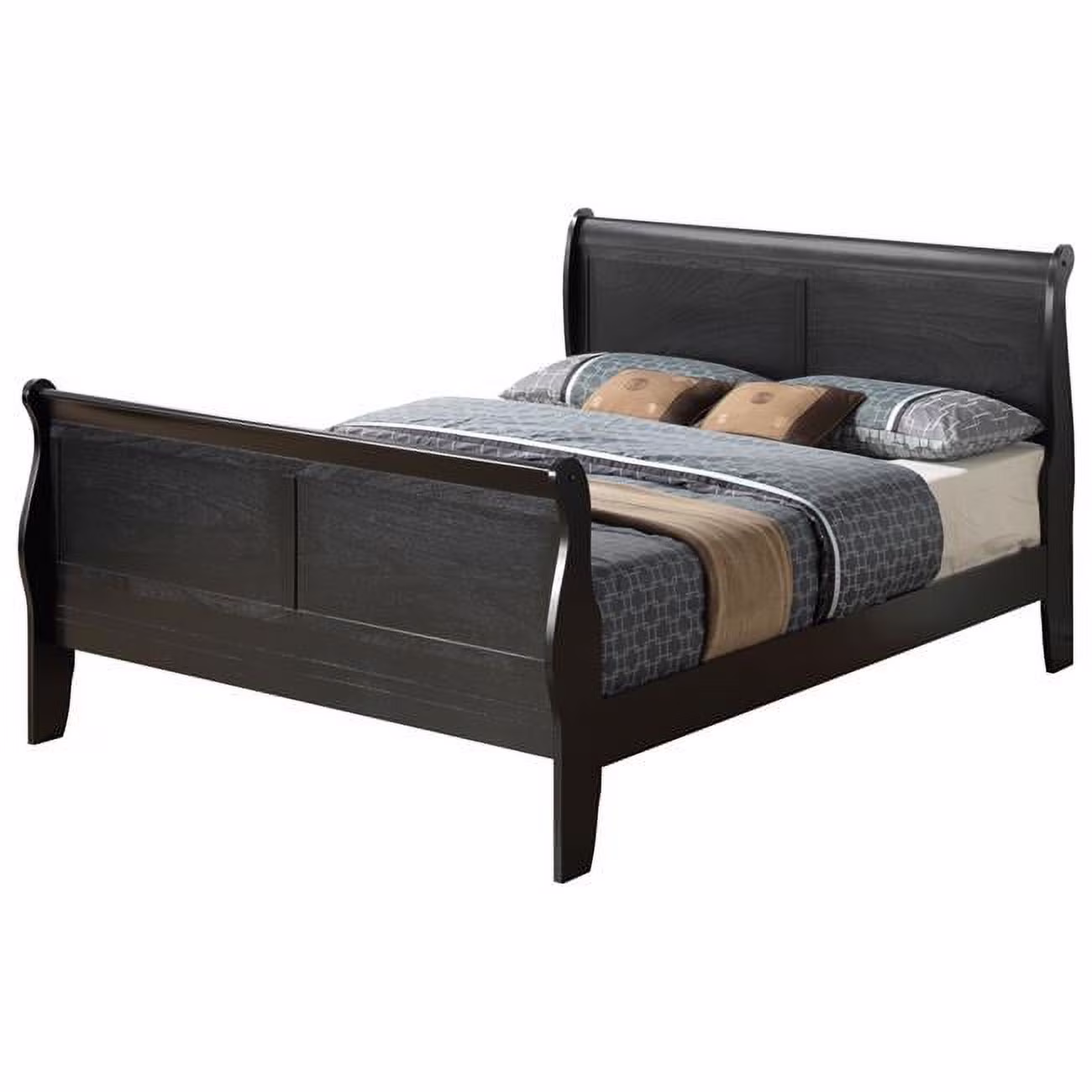 Passion Furniture  Louis Philippe Sleigh Wood Bed with High Footboard, Black - King Size