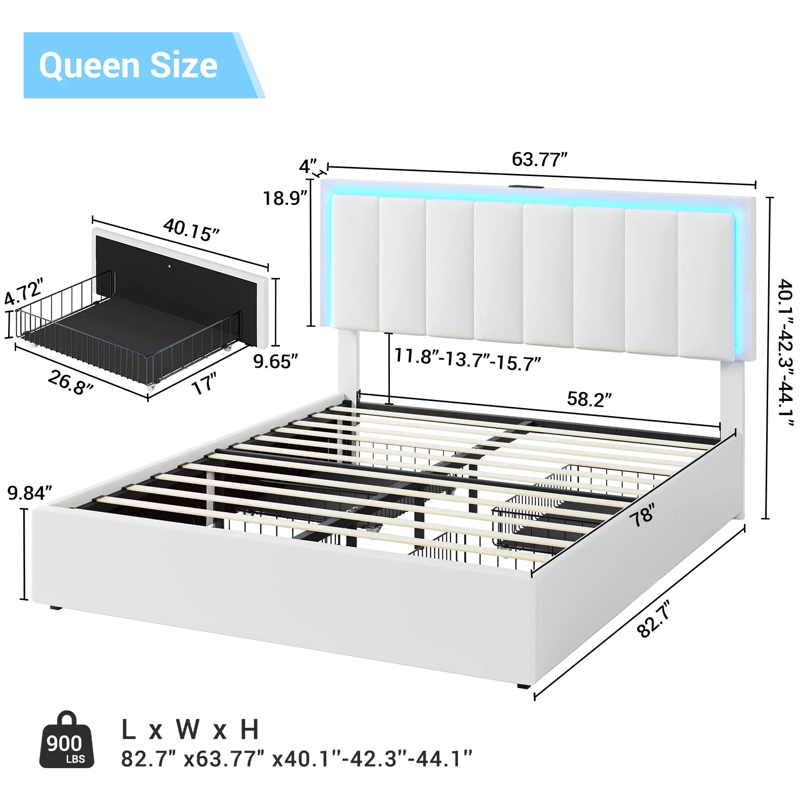 DICTAC Queen LED Bed Frame with 4 Storage Drawers and USB Ports Modern Upholstered Platform Bed Frame with Storage Faux Leather Storage with LED Headboard, Easy Assemble, No Box Spring Needed, White