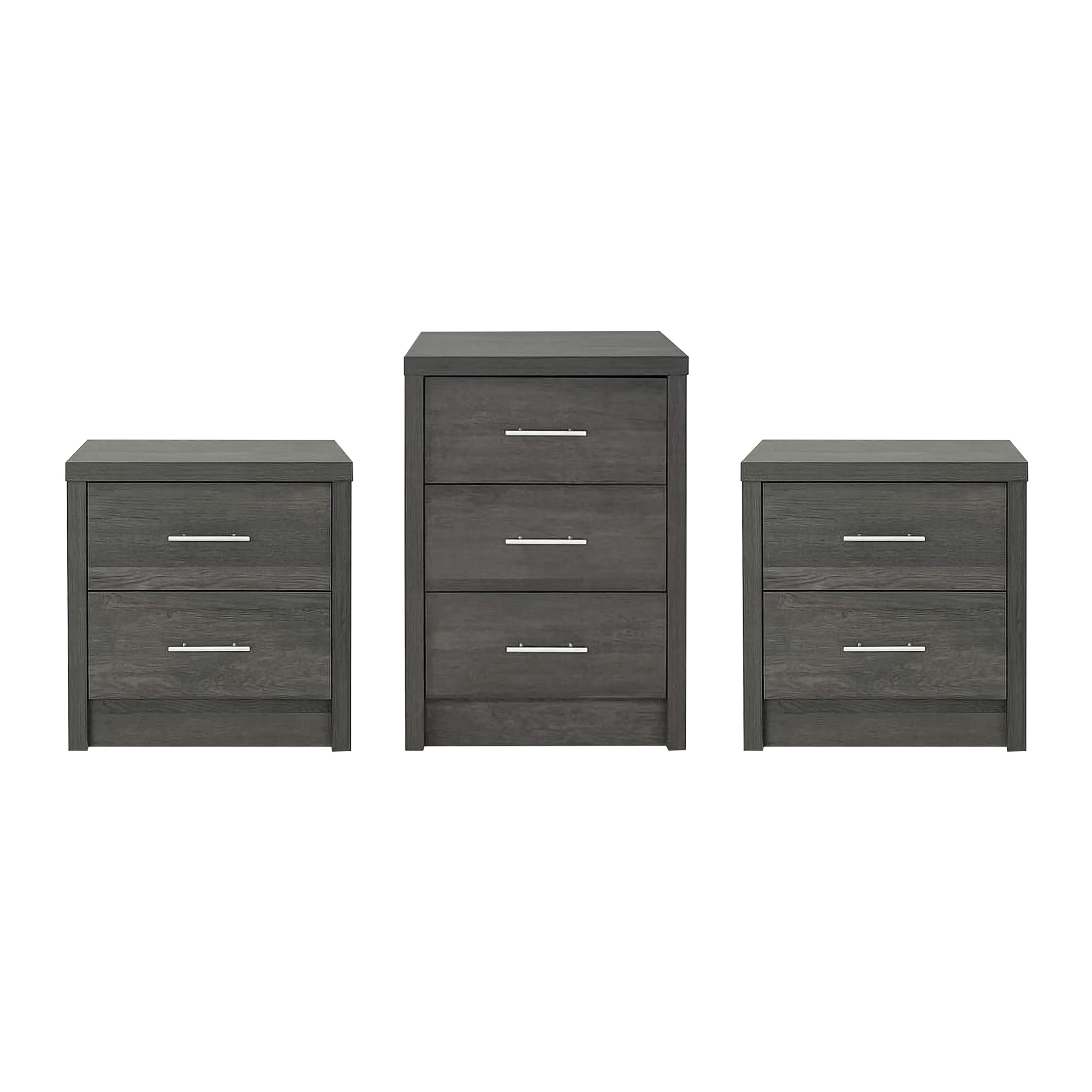 Noble House Alachua Faux Wood 3 Piece 3 Drawer Dresser and Nightstand Bedroom Set, Gray Maple
