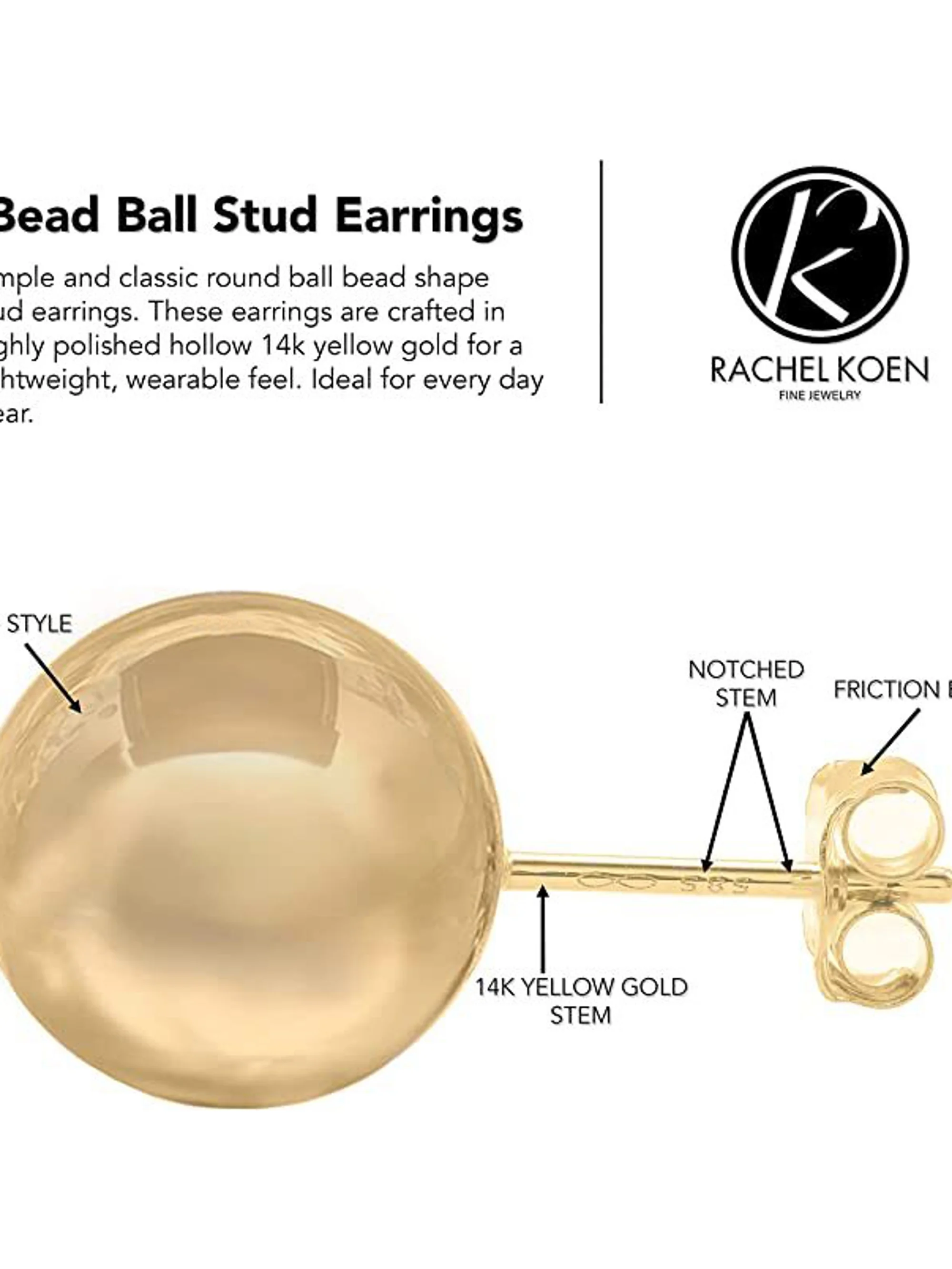 Rachel Koen Bead Ball Stud Earrings 14K Yellow Gold 9mm