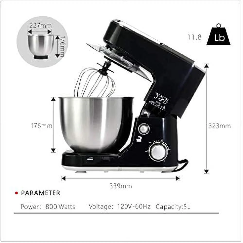 CUSIMAX Dough Mixer Tilt-Head Electric Mixer with 5-Quart Stainless Steel Bowl, Dough Hook, Mixing Beater and Whisk, Black