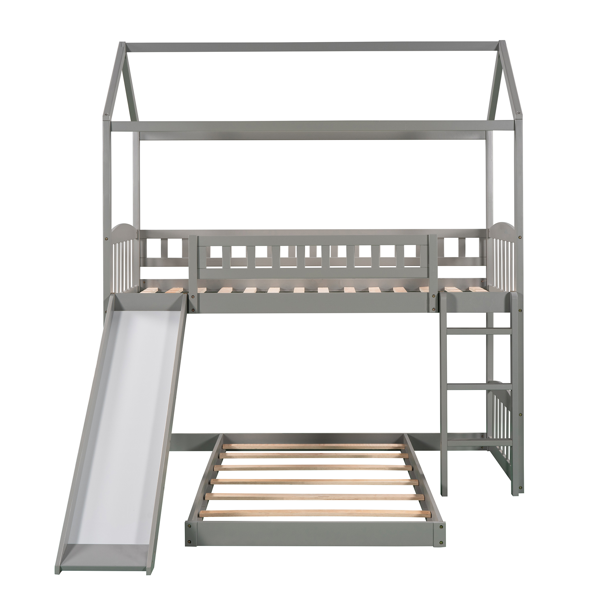 Gray Twin Over Twin House Bunk Bed with Slide