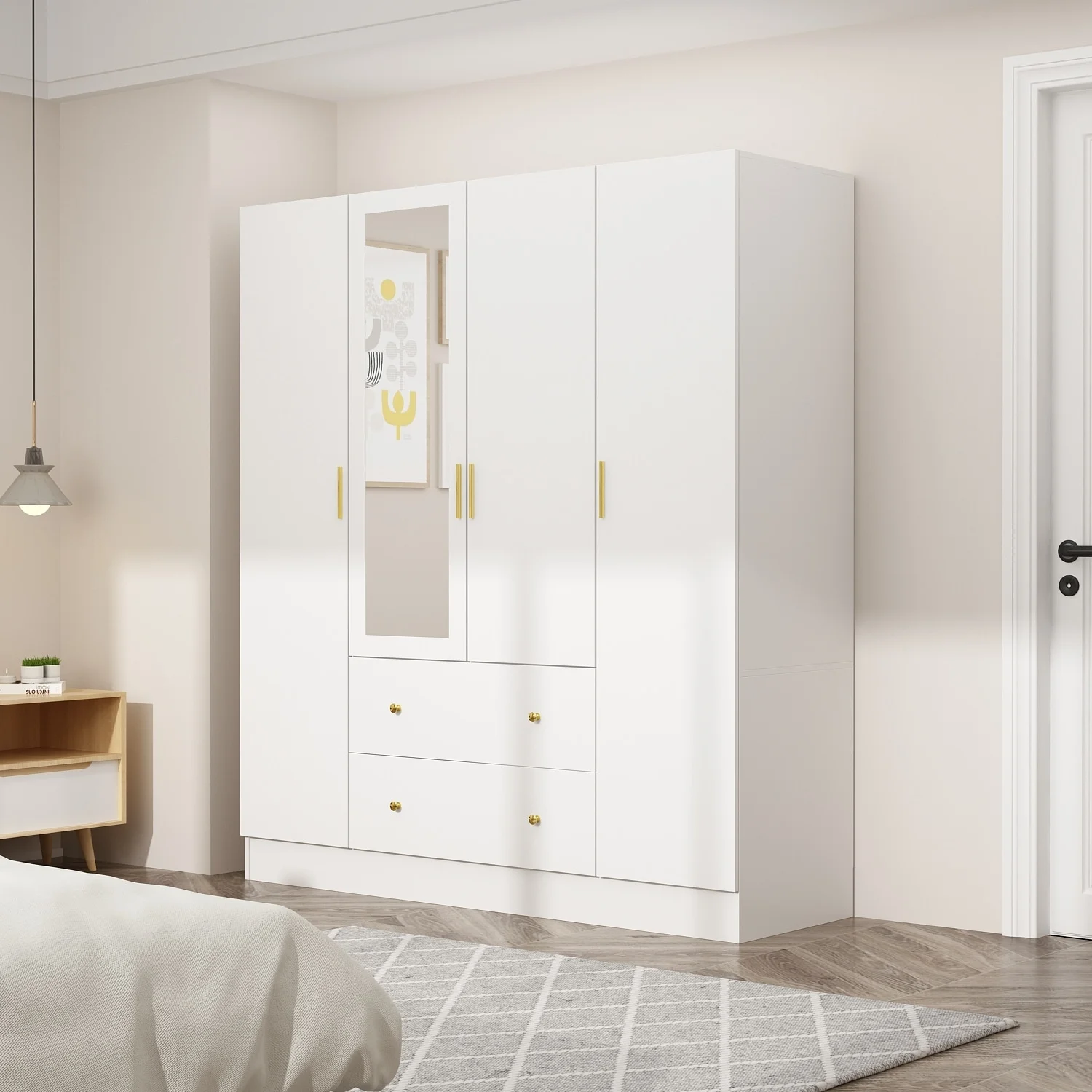 FUFU&GAGA 4 Door Wardrobe Large Storage Cabinet Armoire with Mirror and 2 Drawer White