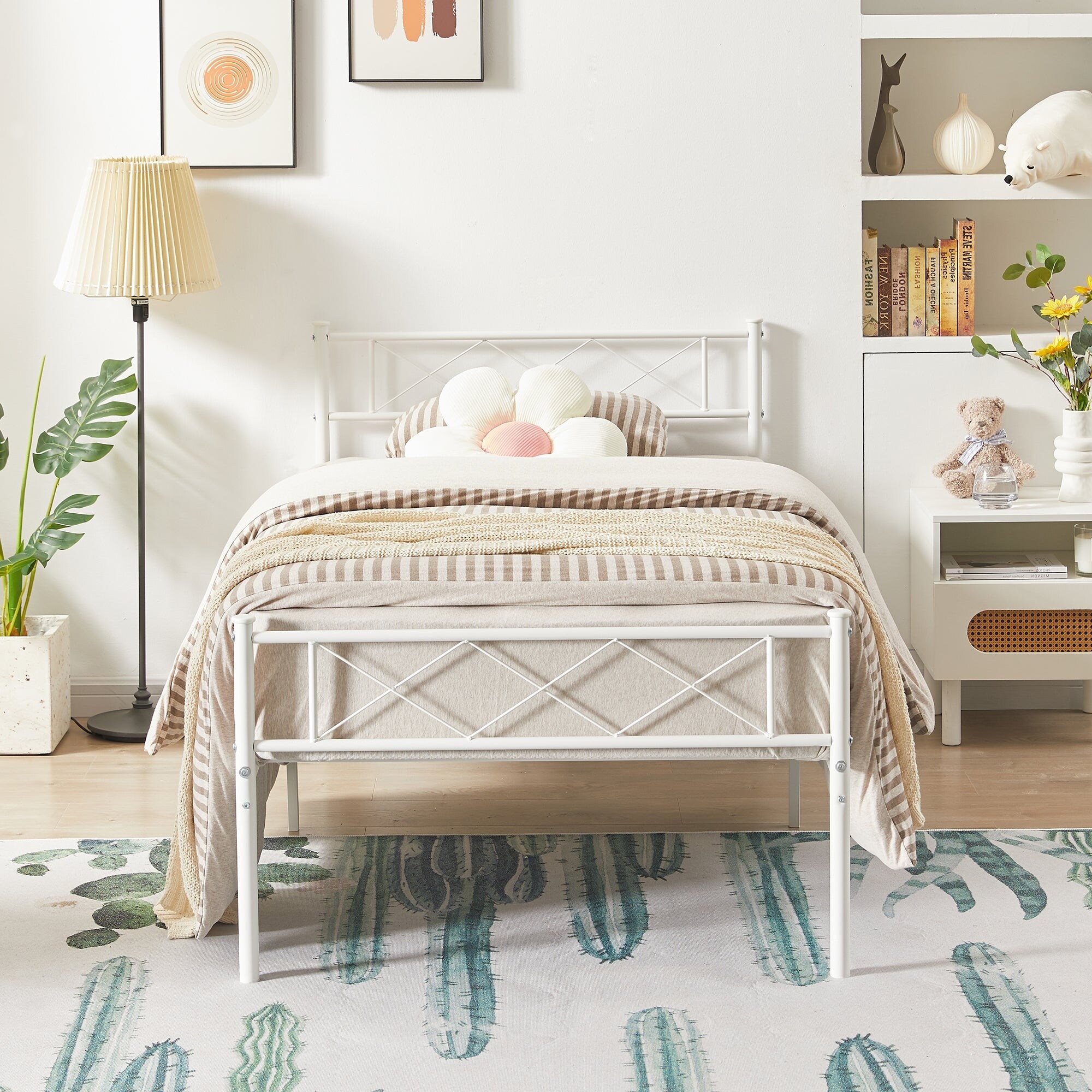 KHD Javlergo Modern Metal Platform Bed Frame with Headboard Full