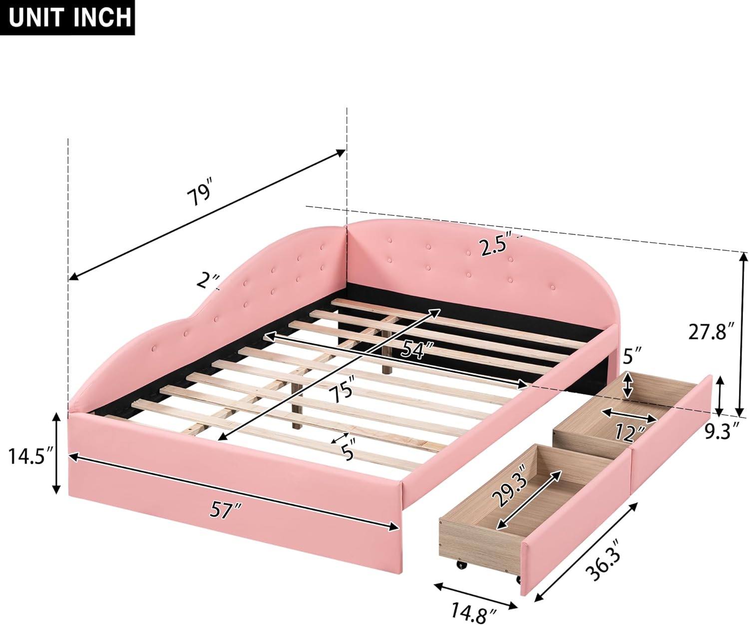 Full Daybed With Storage,PU Upholstered Tufted Daybed With 2 Drawers Ad Cloud Shaped Guardrail, Moder Full Storage Bed Sofa Daybed For Bedroom, Livig Room,