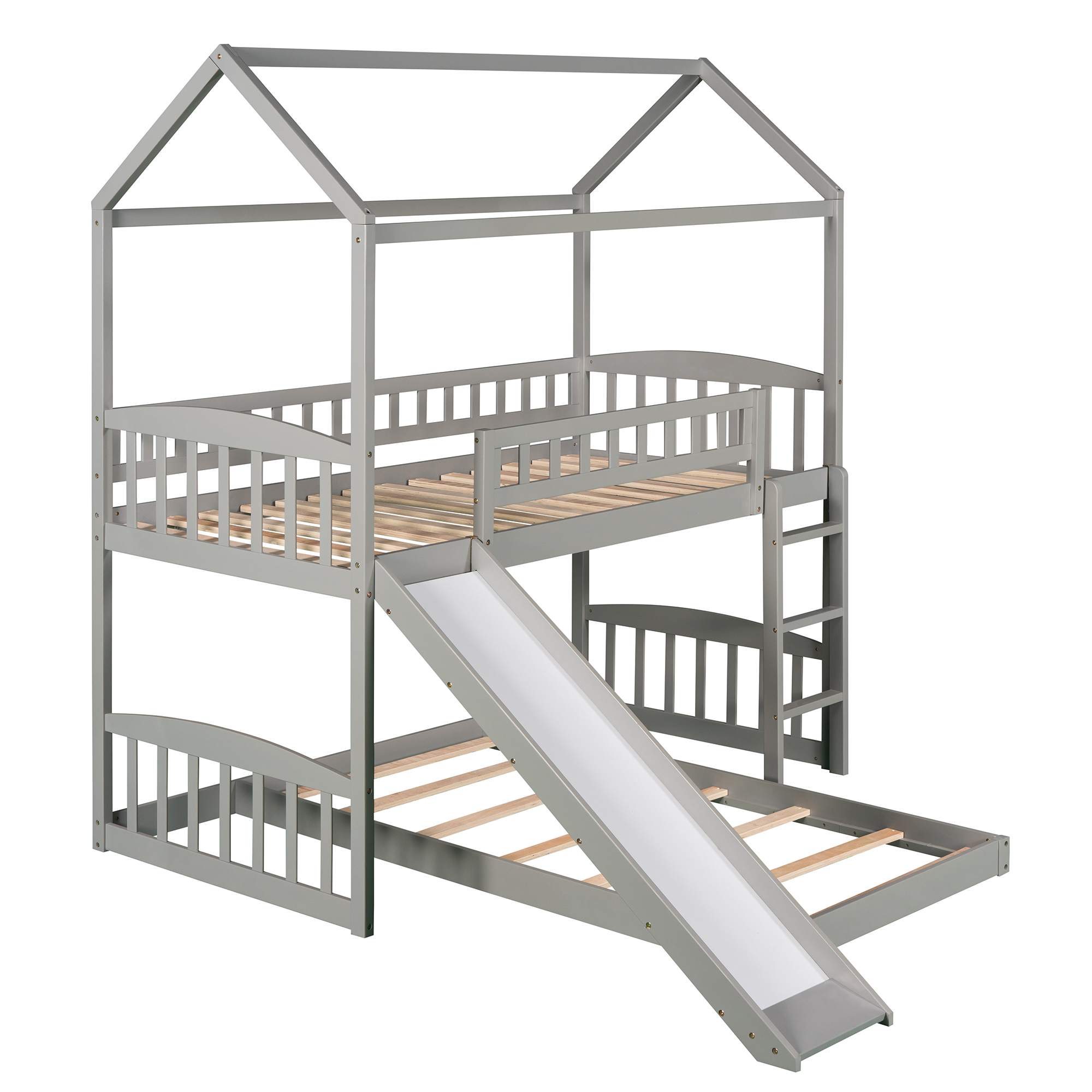 Gray Twin Over Twin House Bunk Bed with Slide