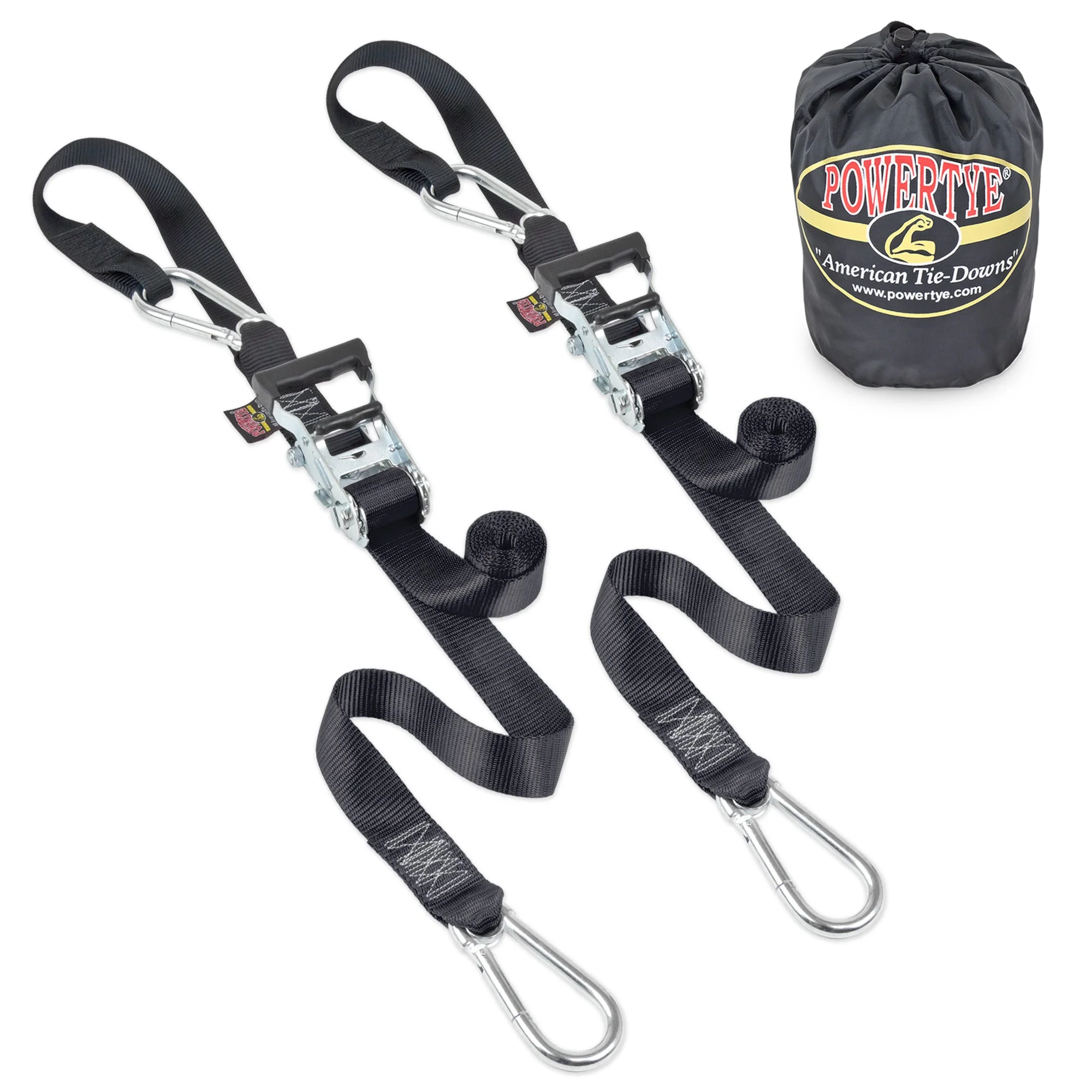 PowerTye MFG 1.5in x 6.5ft Heavy-Duty Ratchet Straps w/ Soft-Tye, Carabiner Hooks & Storage Bag, Black/Black (Pair+Bag)