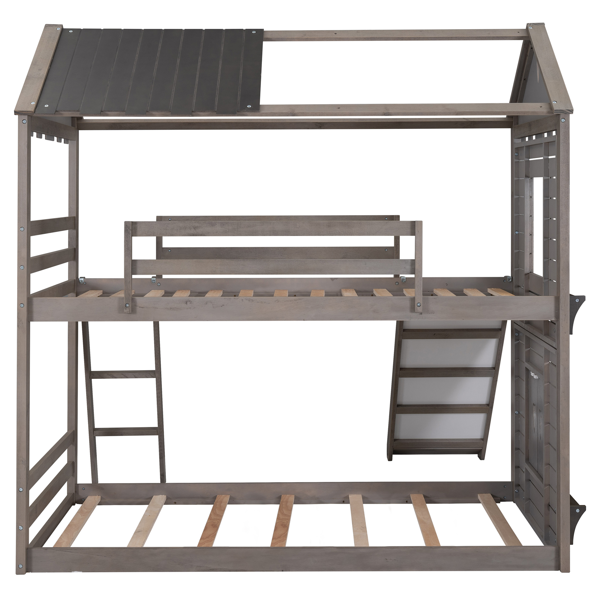 CoSoTower Twin Over Twin Bunk Bed Wood Bed With Roof, Window, Slide, Ladder, Antique Gray