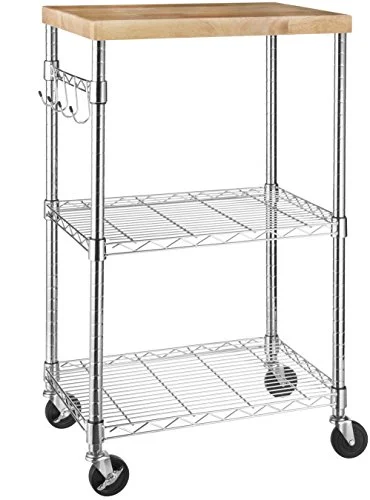 Basics Kitchen Rolling Microwave Cart on Wheels, Storage Rack, Wood/Chrome