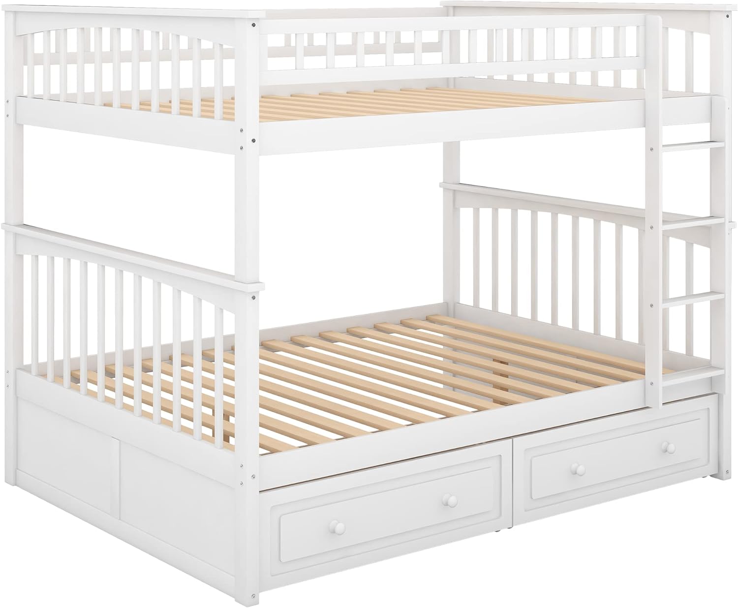 Full Over Full Buk Bed With Drawers, Woode Buk Bed Frame, White