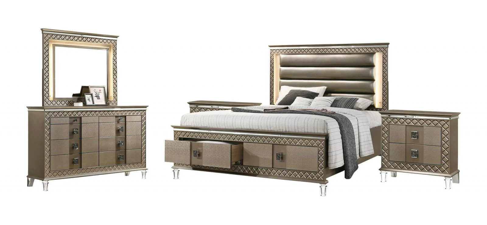 Bronze Finish Wood King Bedroom Set 5Pcs Contemporary Cosmos Furniture Coral