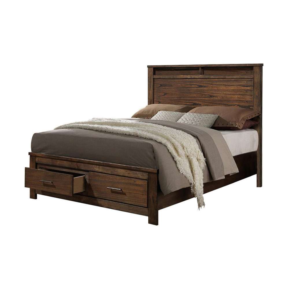 Enchanting Wooden Queen Bed With Display And Storage Drawers, Oak Finish- Saltoro Sherpi