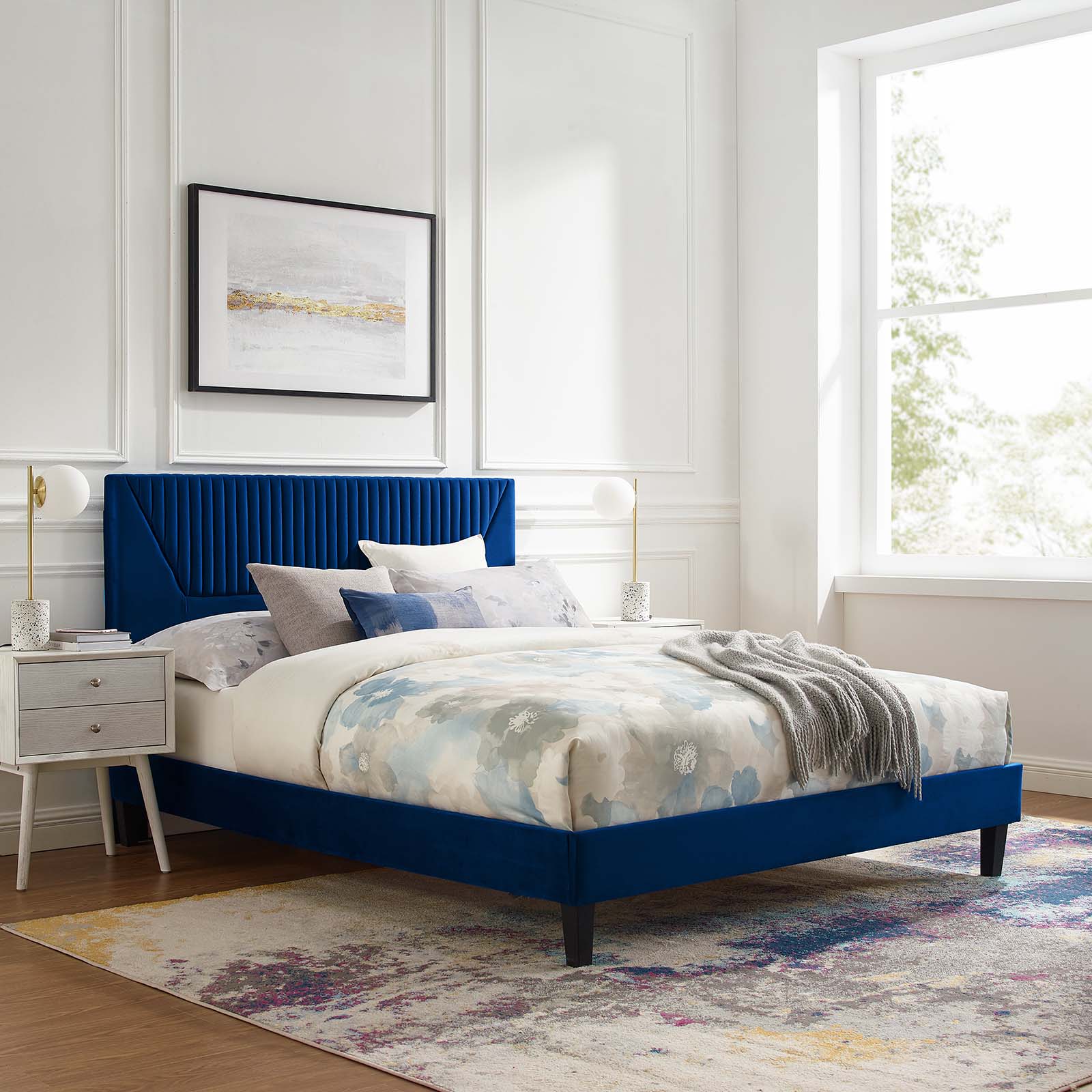 Modway Yasmine Channel Tufted Performance Velvet Twin Platform Bed in Navy