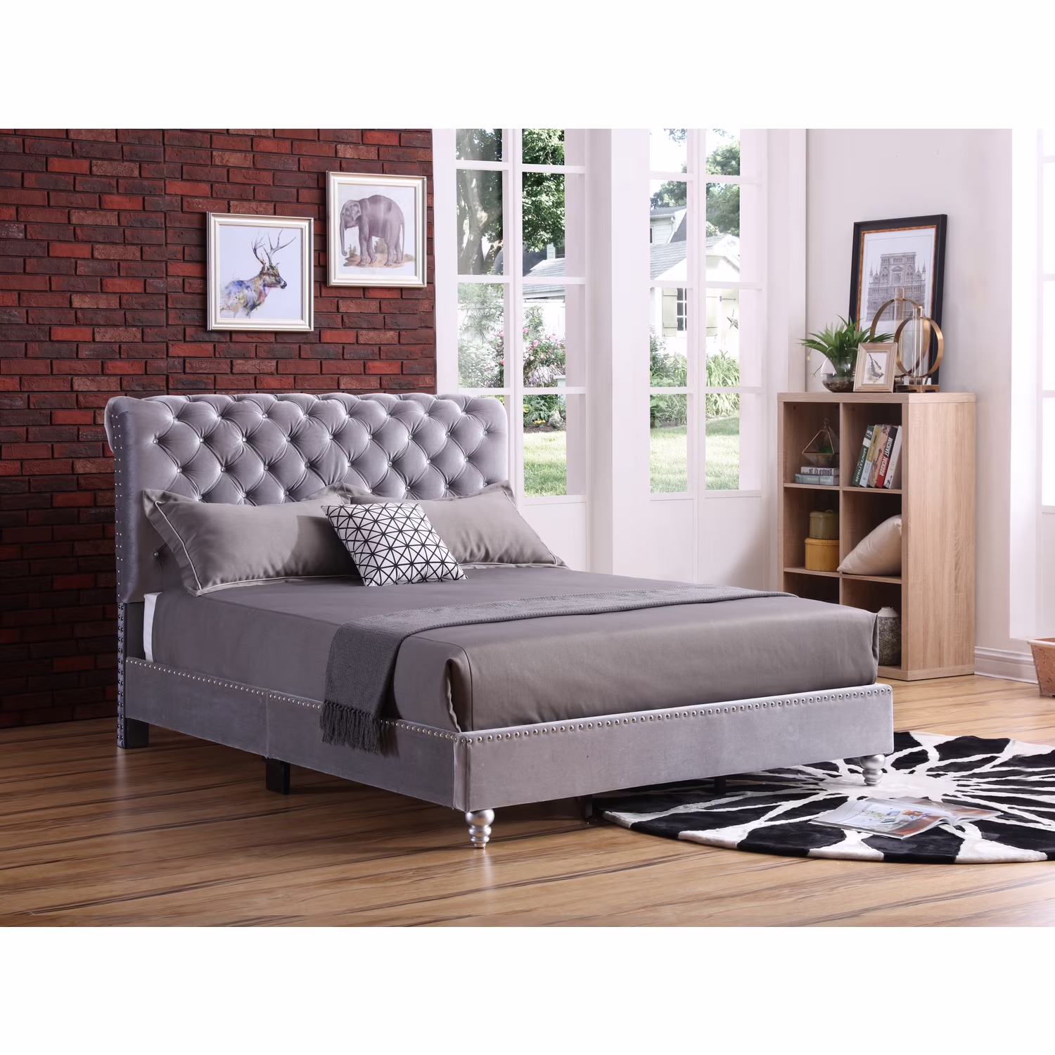Glory Furniture Maxx Velvet Upholstered Queen Bed in Gray