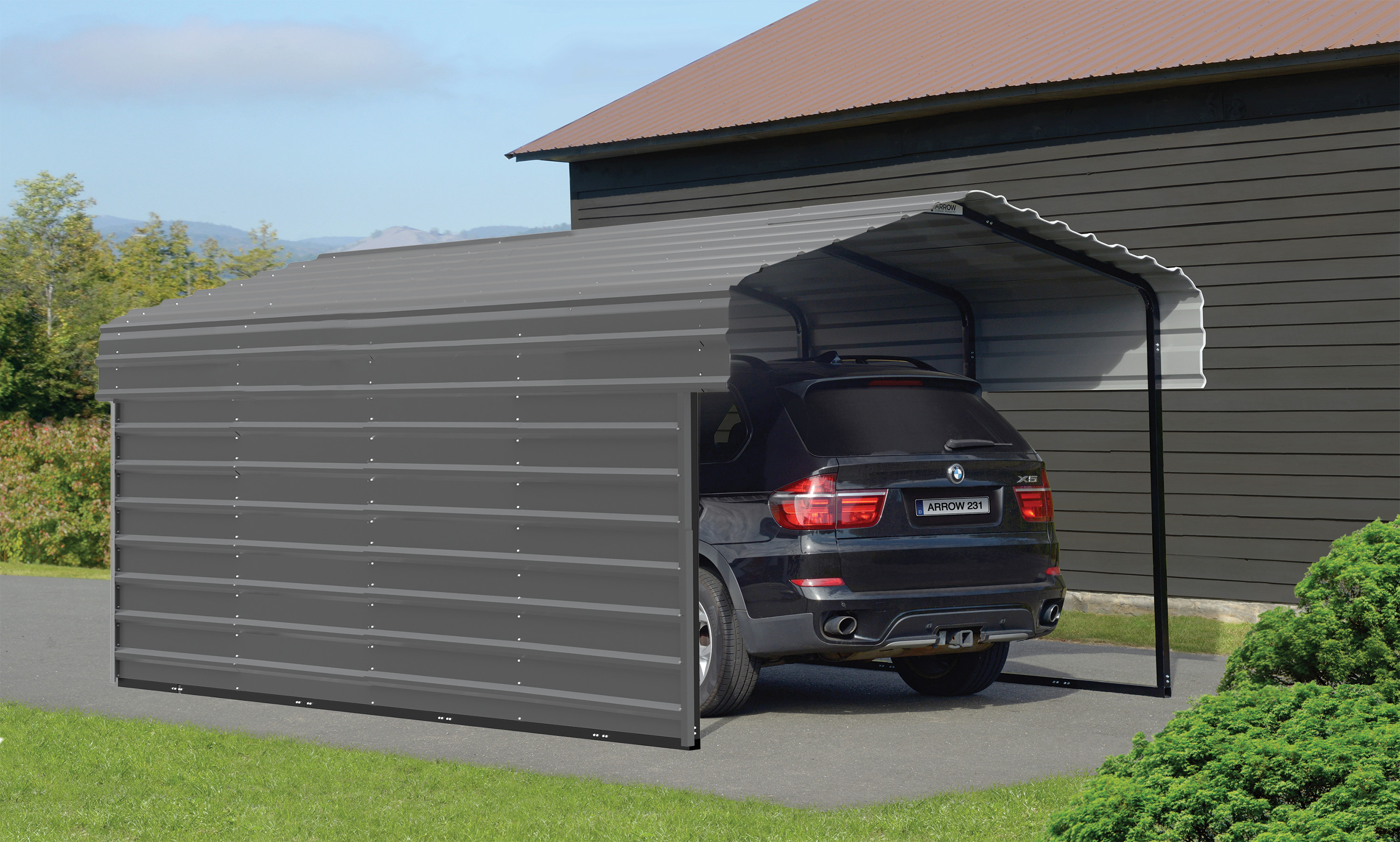 Arrow Carports Galvanized Steel Carport, with 1-Sided Enclosure, Compact Car Metal Carport Kit, 10' x 24' x 7', Charcoal