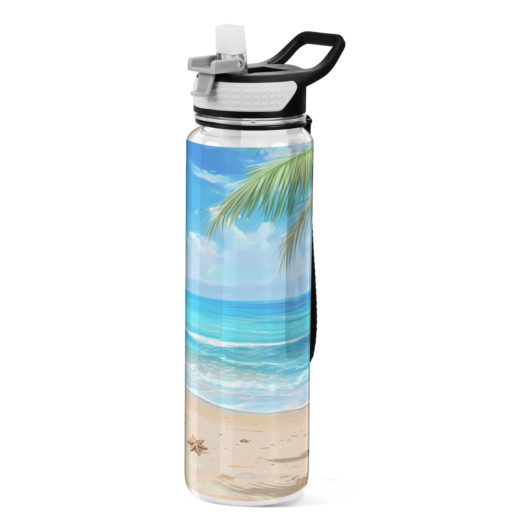 Beach with Palm Tree 32oz Sports Water Bottles Leakproof Tritan Bottle with Straw BPA Free Clear Bottle for Fitness Gym Outdoor Cycling